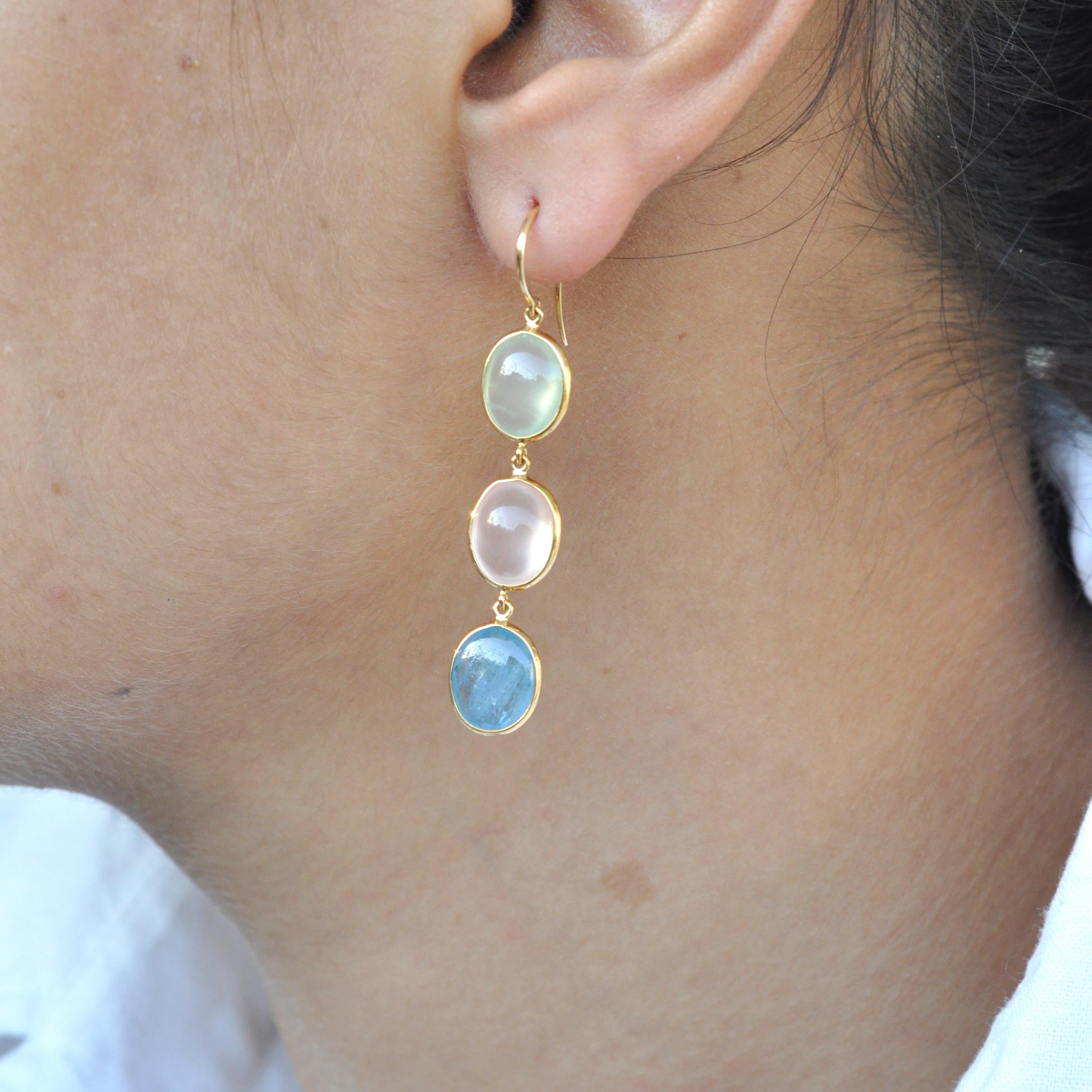 18 Karat Gold Prehnite Rose Quartz Aquamarine Oval Dangle Earrings For Sale 5