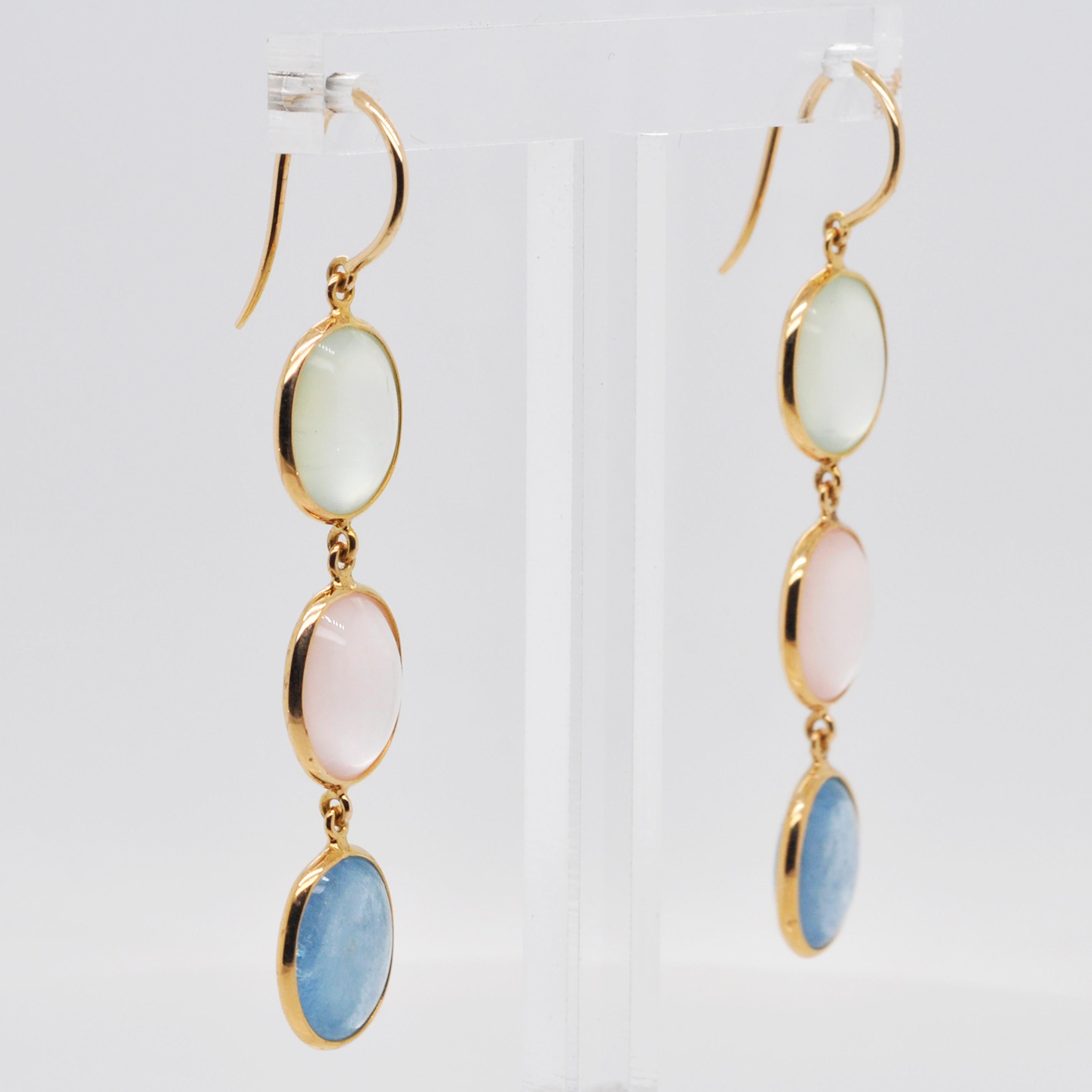 Women's 18 Karat Gold Prehnite Rose Quartz Aquamarine Oval Dangle Earrings For Sale