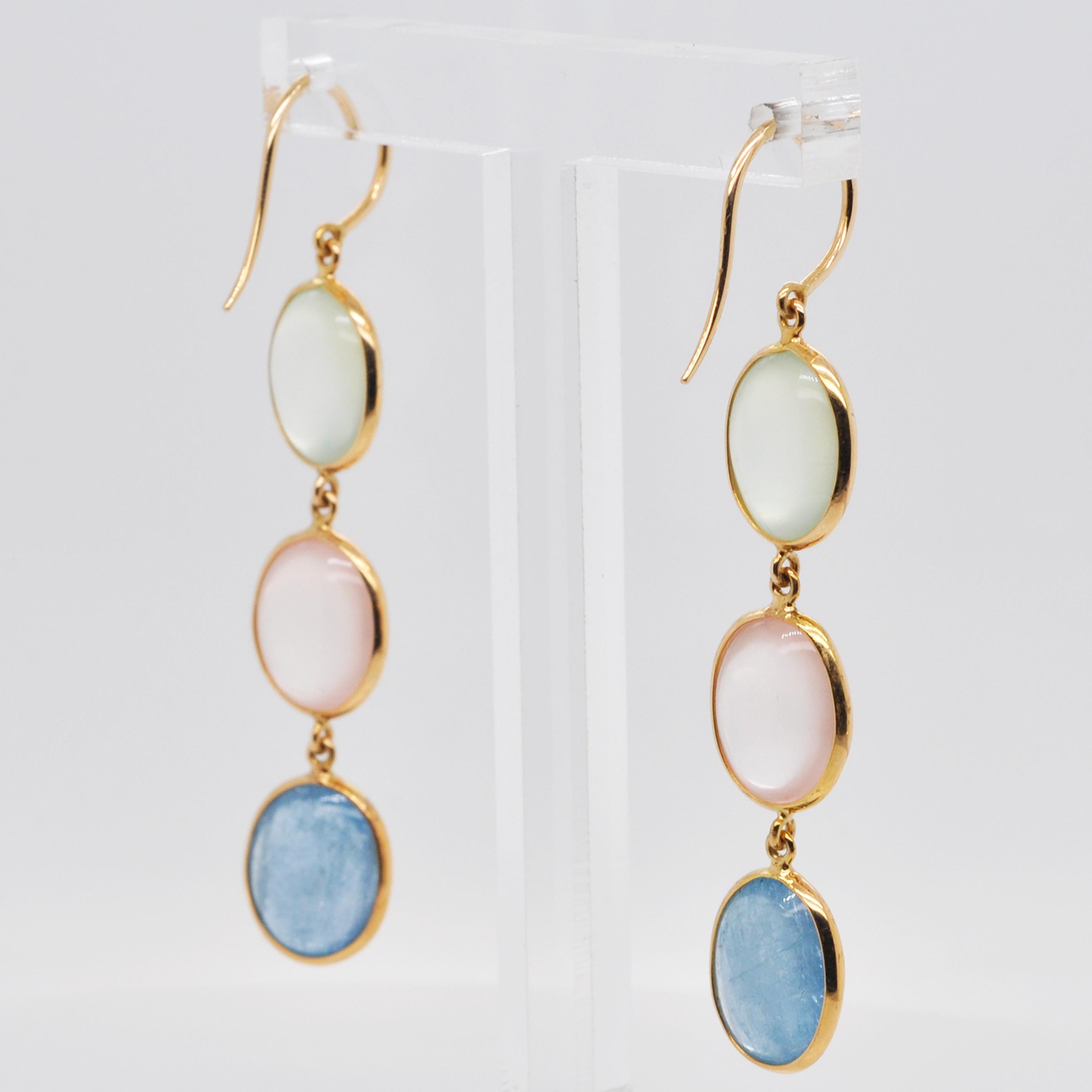 18 Karat Gold Prehnite Rose Quartz Aquamarine Oval Dangle Earrings For Sale 1
