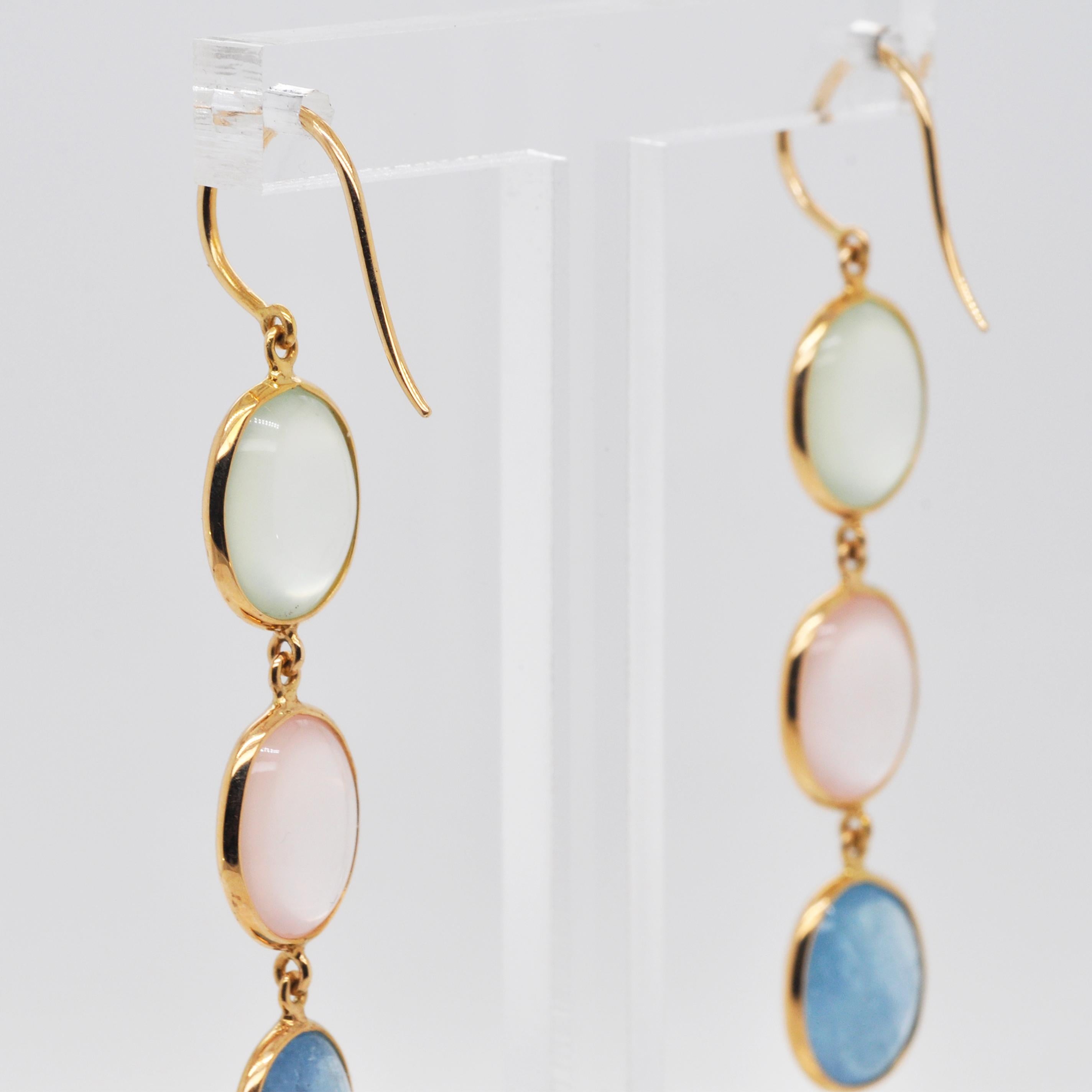 18 Karat Gold Prehnite Rose Quartz Aquamarine Oval Dangle Earrings For Sale 2