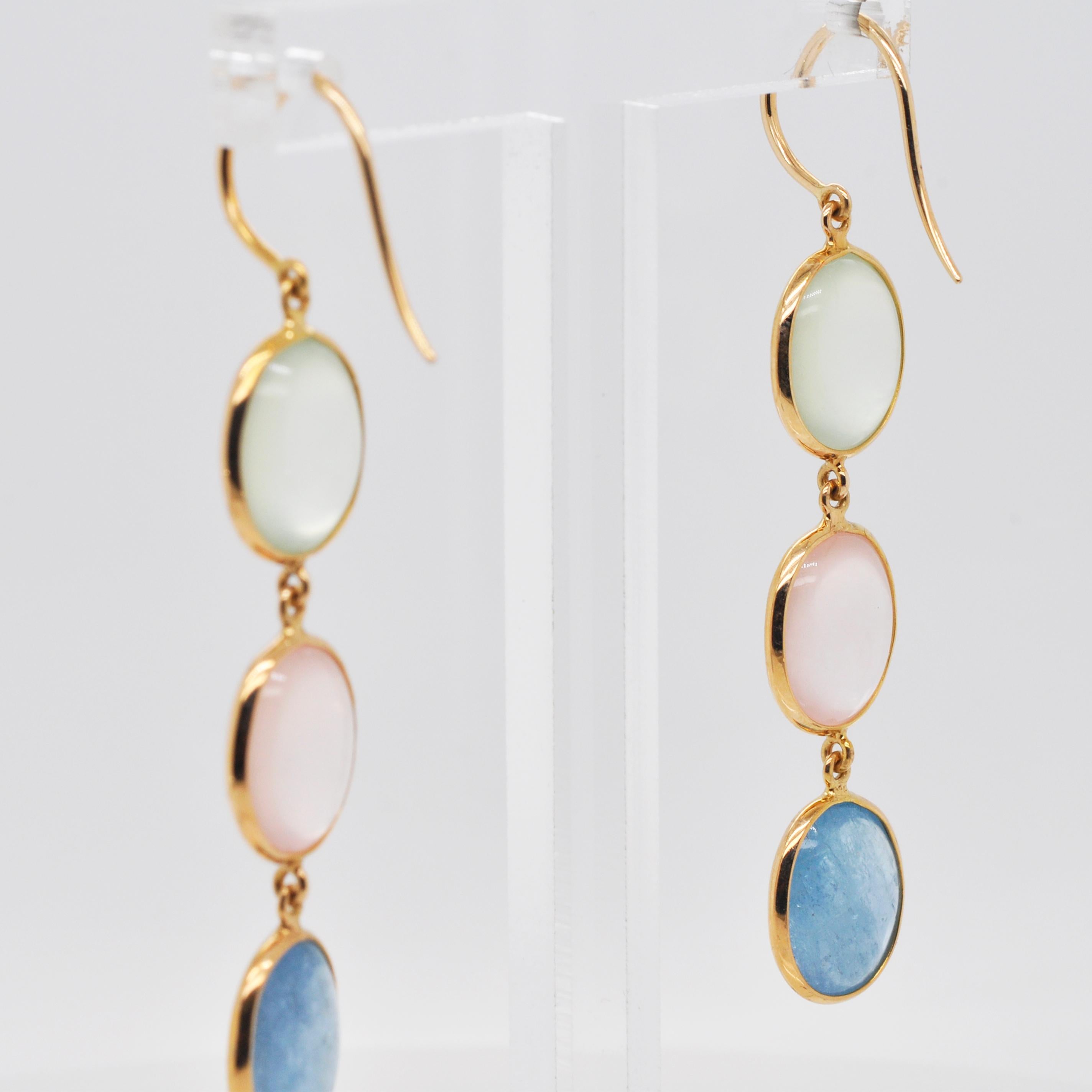 18 Karat Gold Prehnite Rose Quartz Aquamarine Oval Dangle Earrings For Sale 3