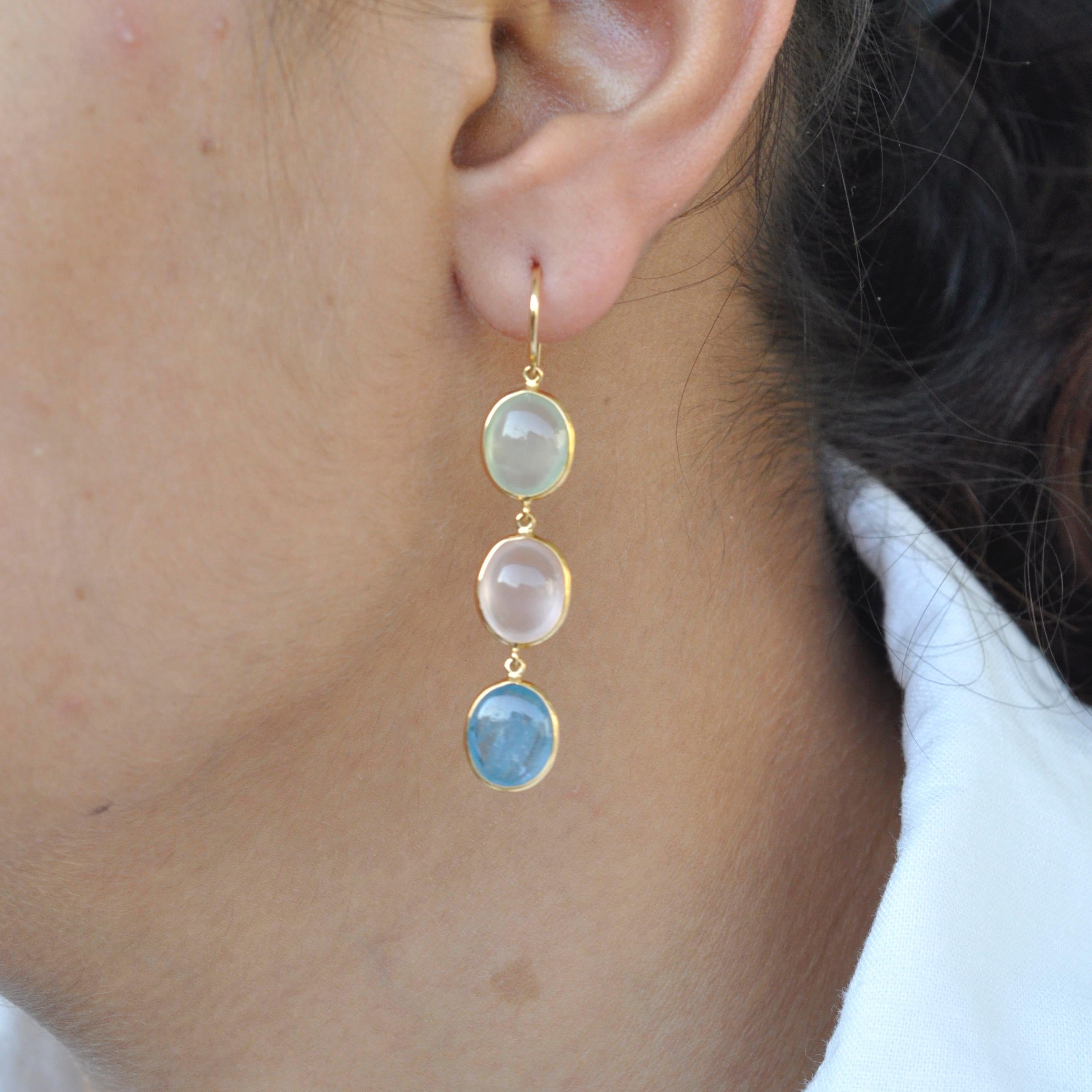 18 Karat Gold Prehnite Rose Quartz Aquamarine Oval Dangle Earrings For Sale 4