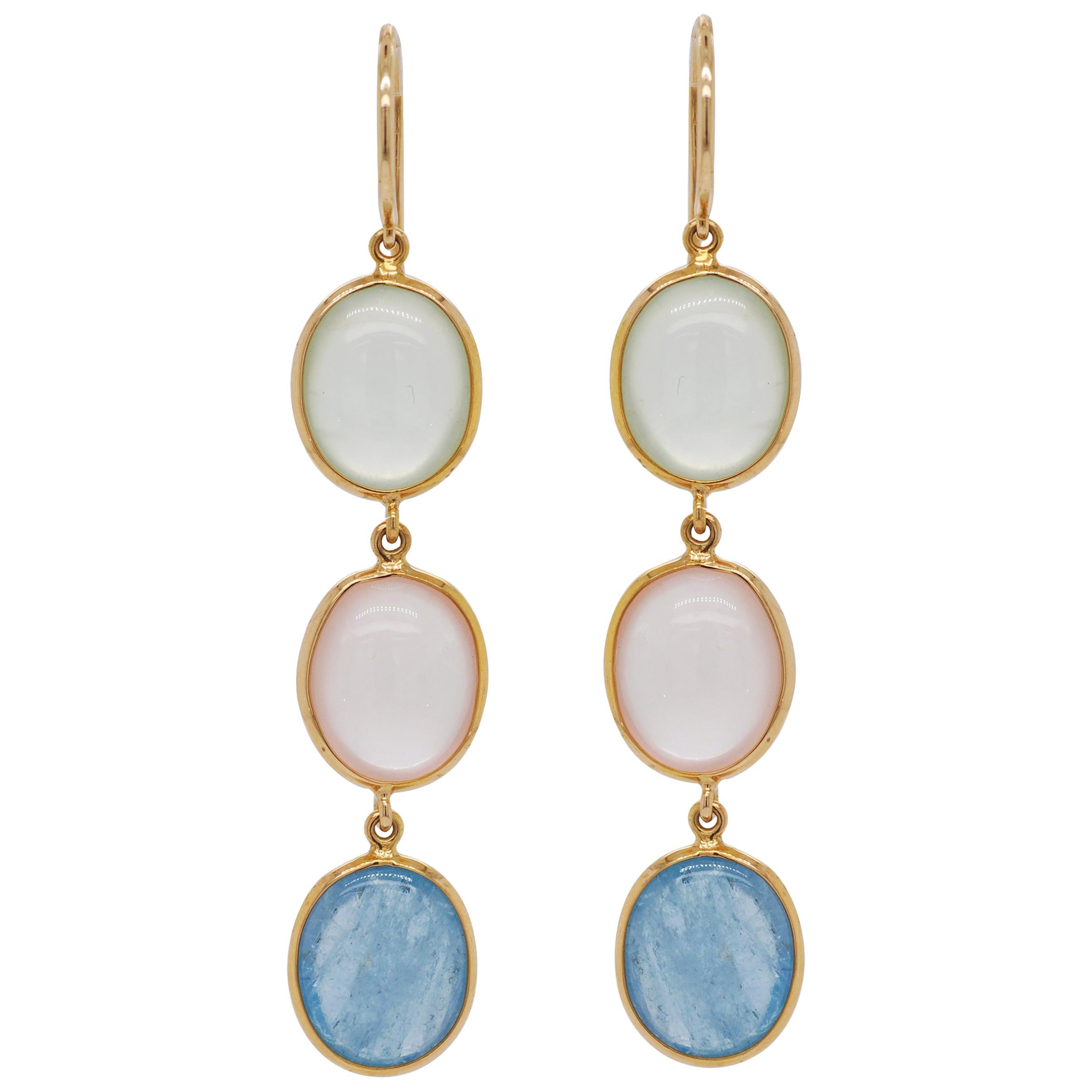 18 Karat Gold Prehnite Rose Quartz Aquamarine Oval Dangle Earrings For Sale