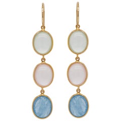 18 Karat Gold Prehnite Rose Quartz Aquamarine Oval Dangle Earrings