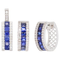 18 Karat Gold Prinzessinnenschliff Blauer Saphir Diamant Linear Anhänger Ohrringe Set