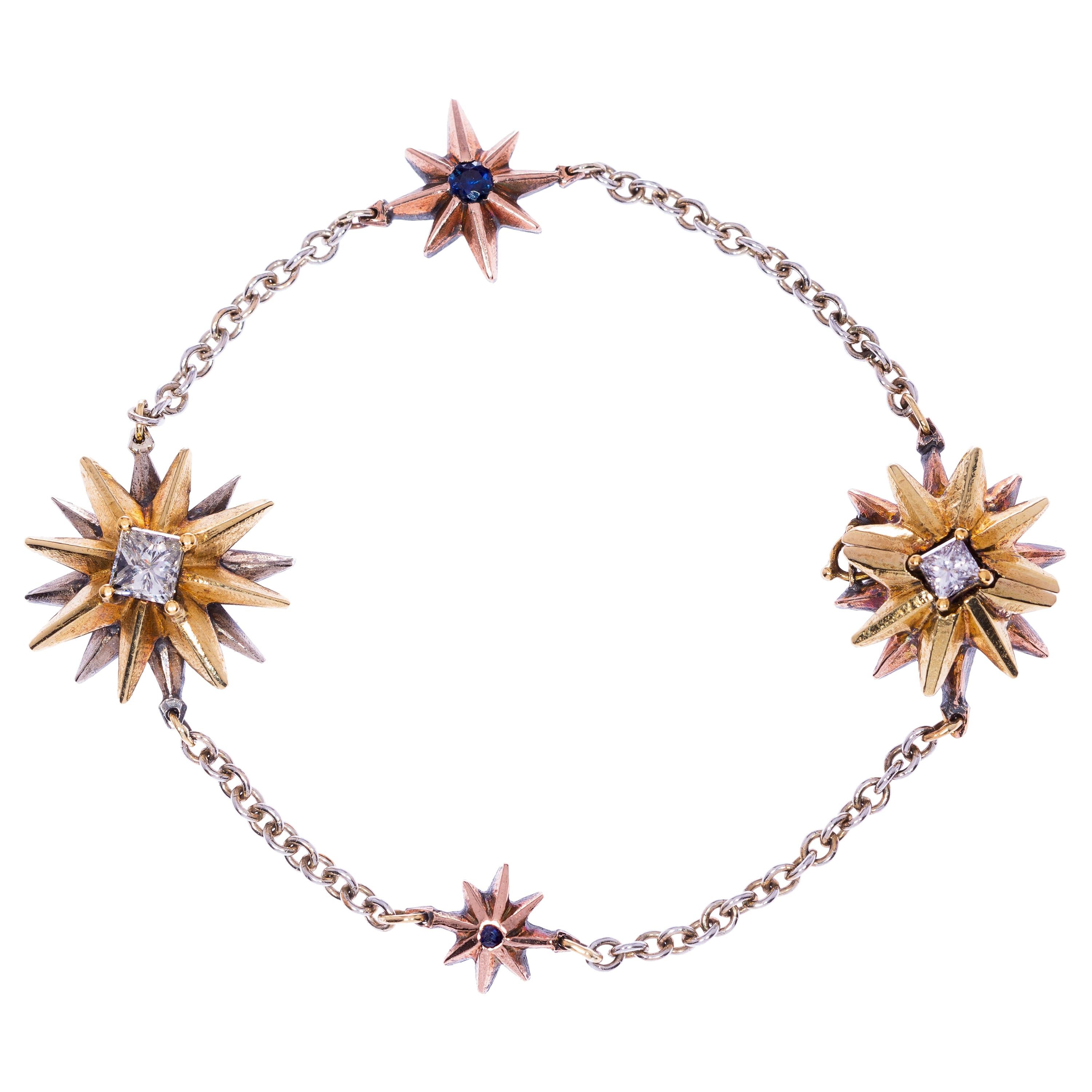 18 Karat Gold Princess Cut Diamond Round Sapphire Constellation Star Bracelet  For Sale