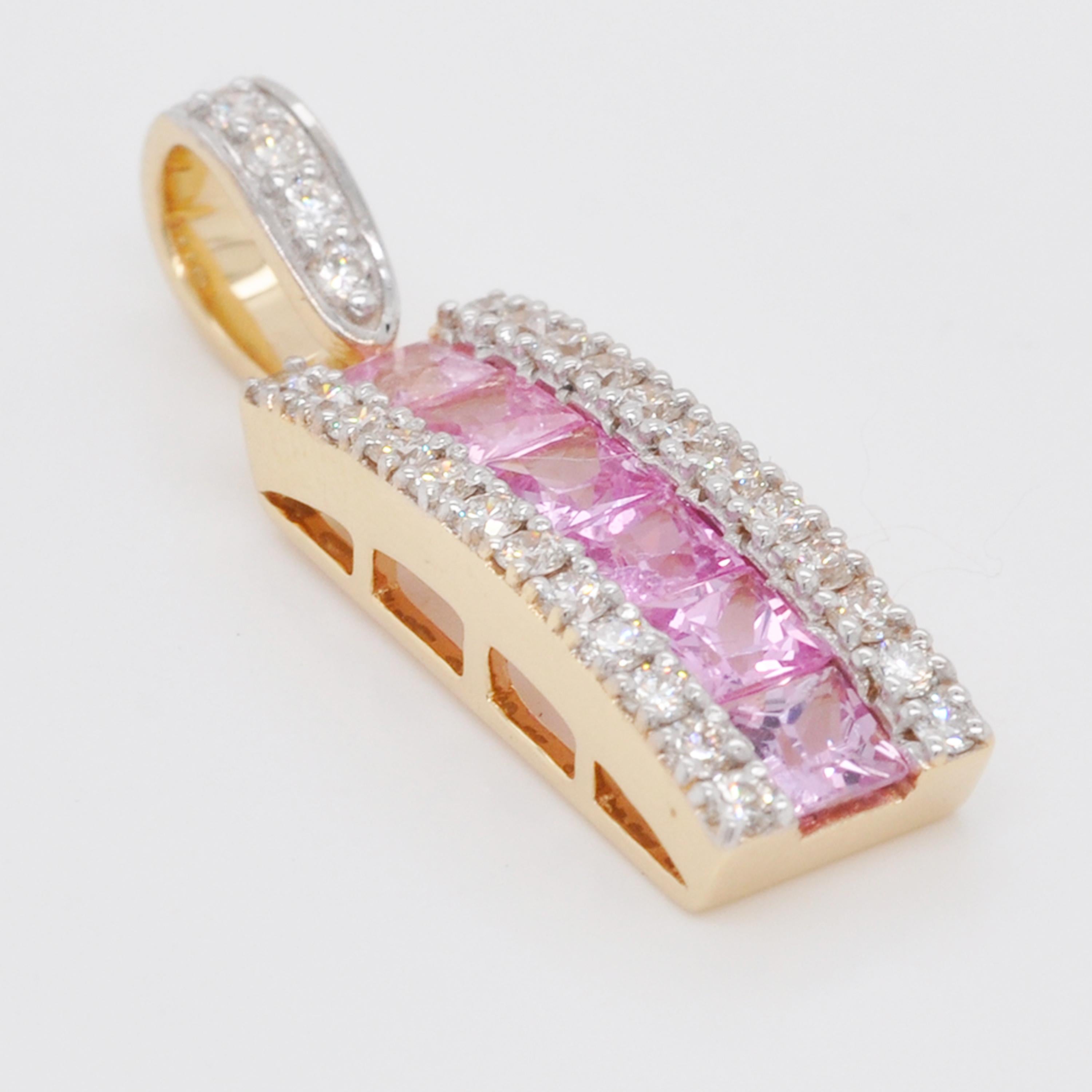18 karat gold princess cut pink sapphire diamond pendant hoop earrings ring set.

This beautiful linear set of matching pendant, hoop earrings and the ring with lustrous pink sapphires is extremely spectacular. Elegance and chic in one, this set