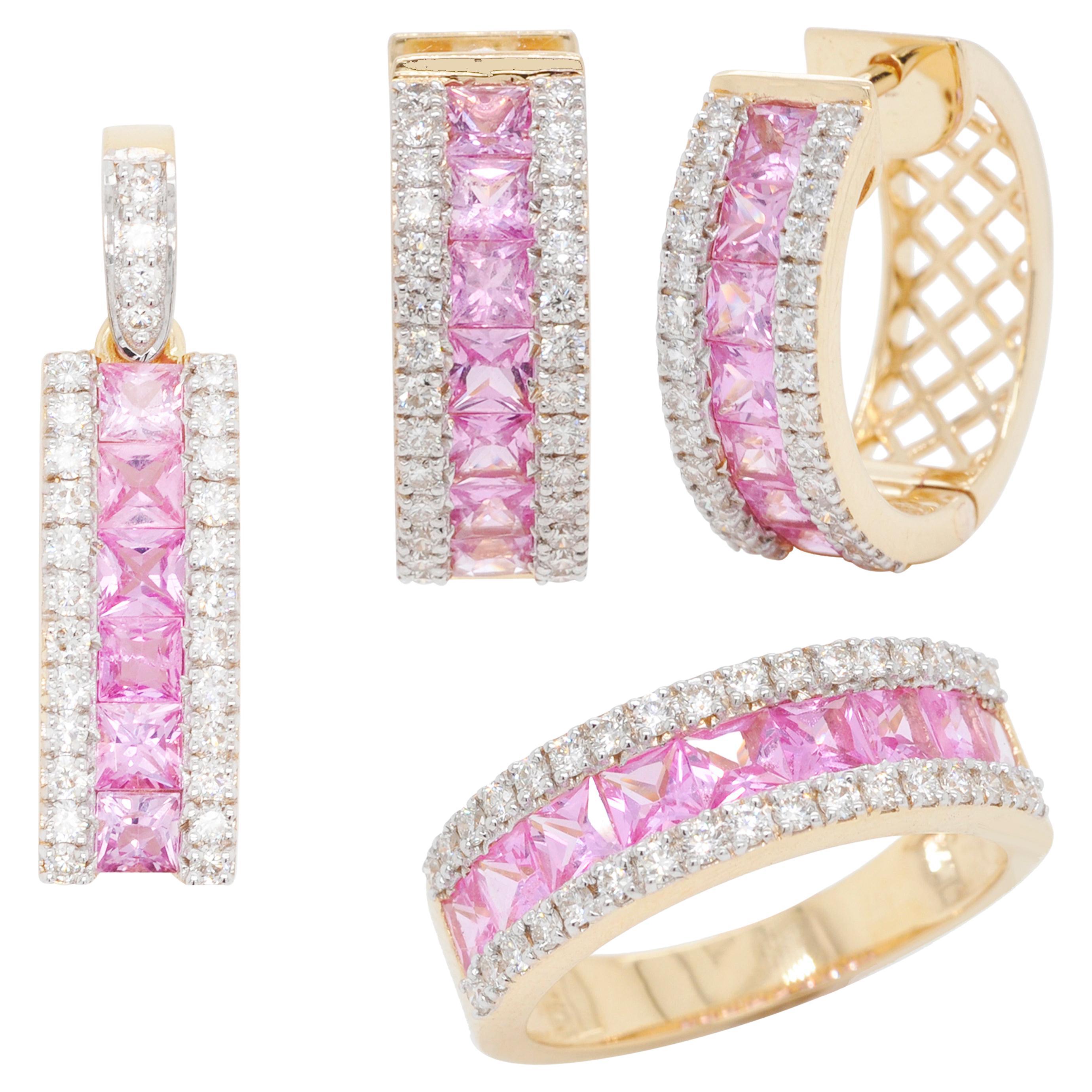 18 Karat Gold Princess Cut Pink Sapphire Diamond Pendant Hoop Earrings Ring Set For Sale
