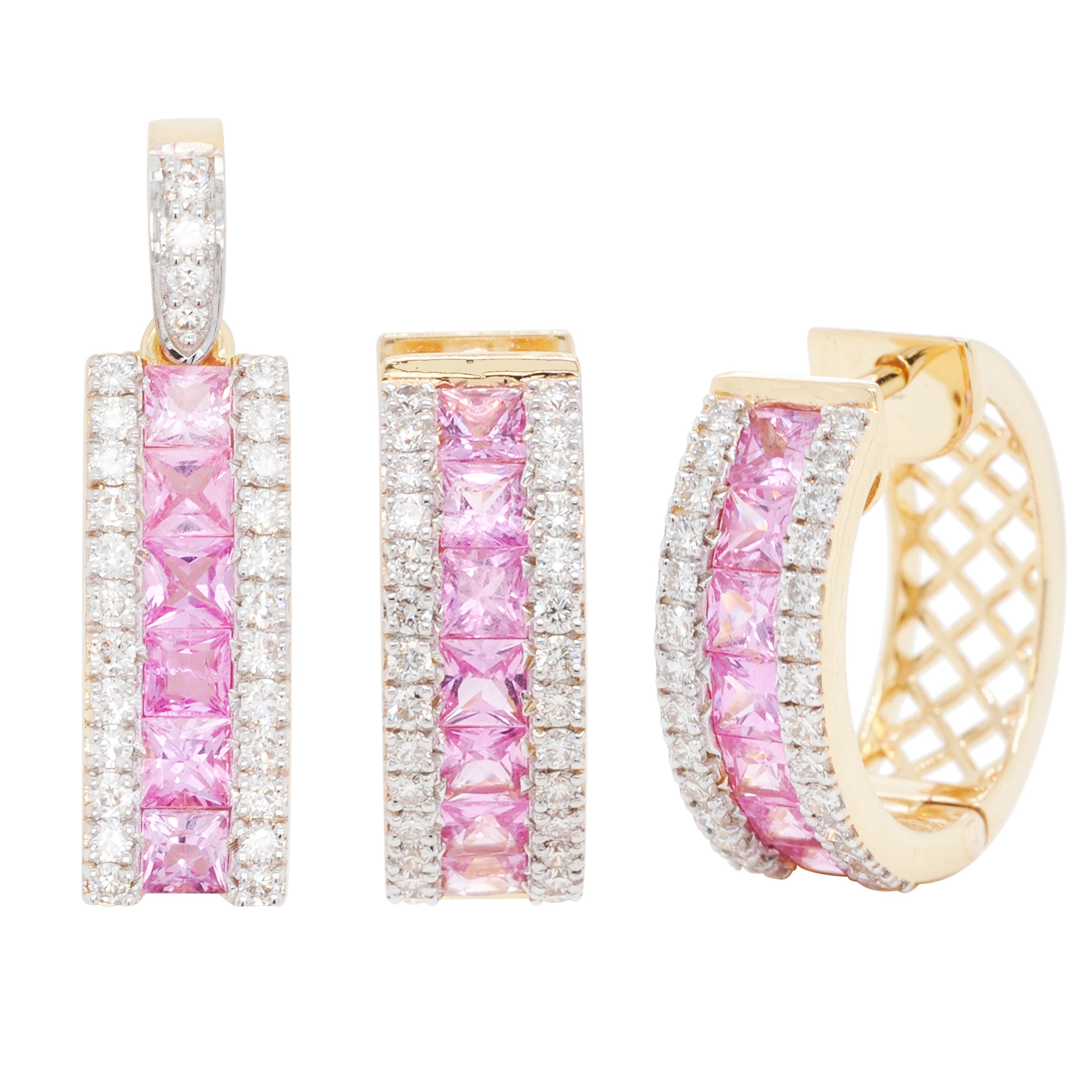 18 Karat Gold Princess Cut Pink Sapphire Diamond Pendant Hoop Earrings Set For Sale