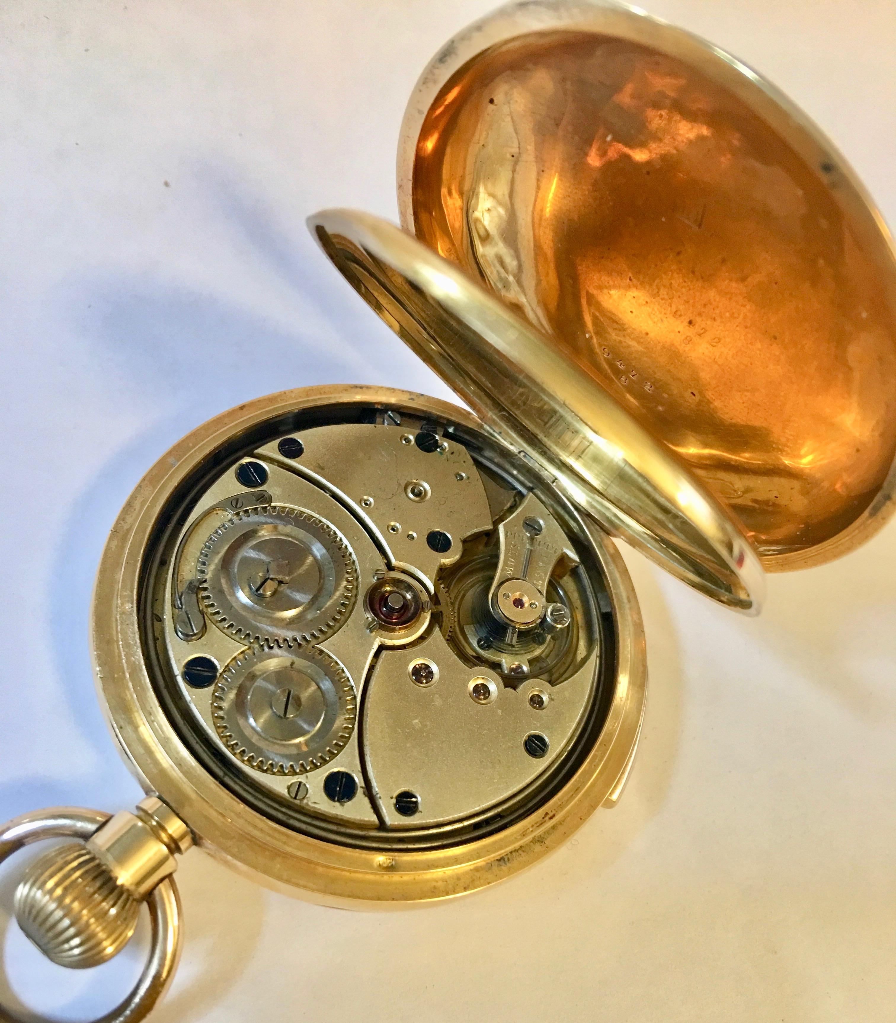 This beautiful antique hand winding quarter repeating pocket watch is in good working condition and it is running well. A clean white enamel face with Roman numerals, a seconds subdial and blue steeled hands. The watch sits within the gold full