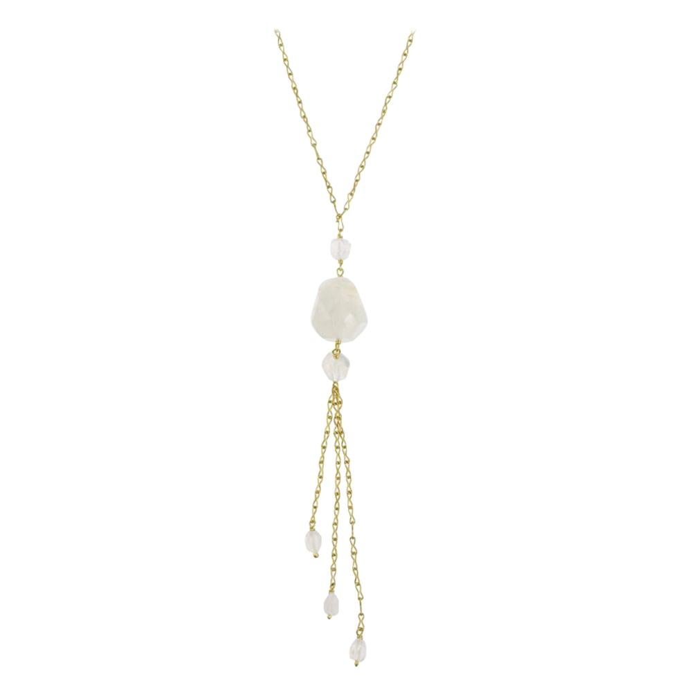 18 Karat Gold Rainbow Moonstone Tassel Necklace For Sale