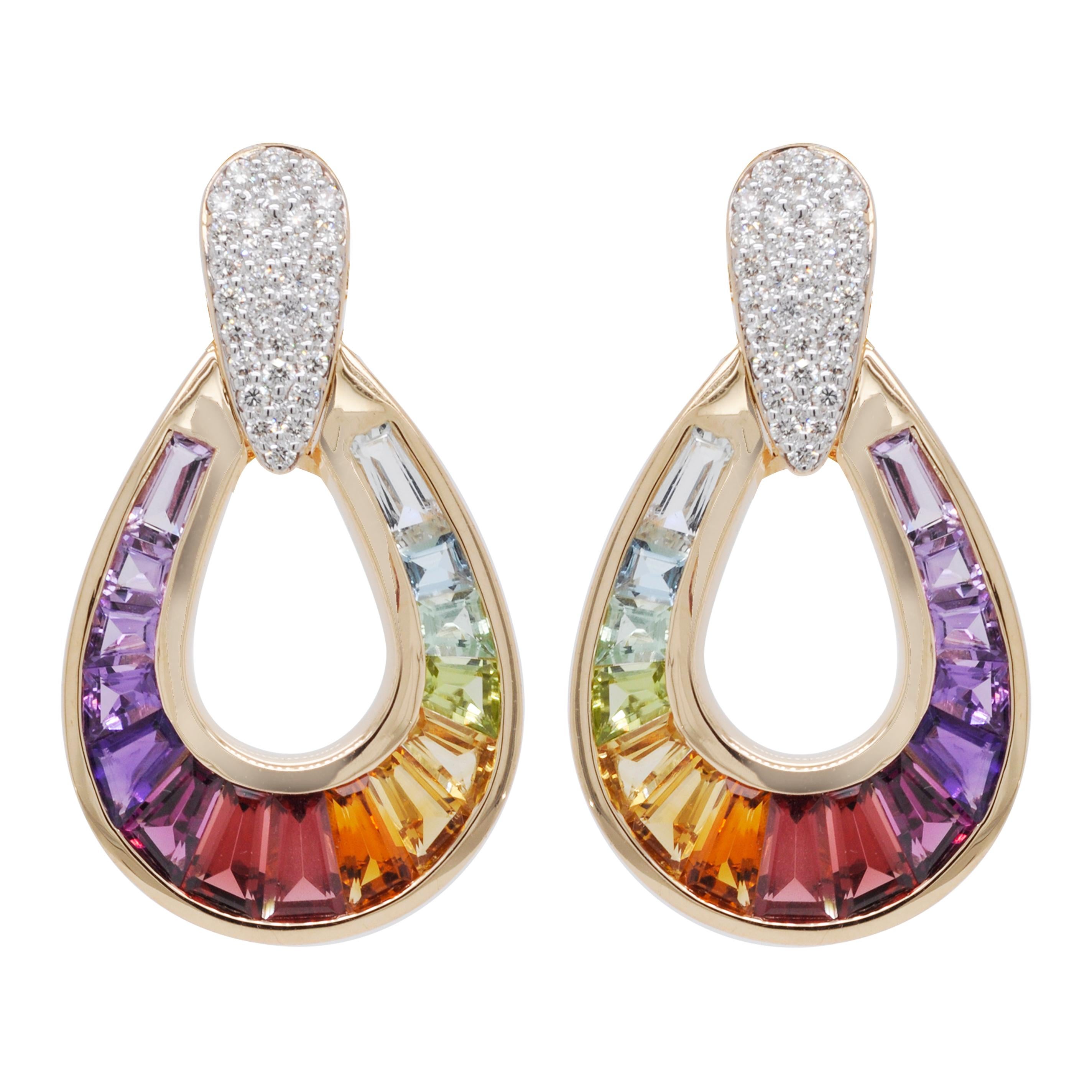18 Karat Gold Rainbow Multicolor Baguette Diamond Pendant Necklace Earrings Set 3
