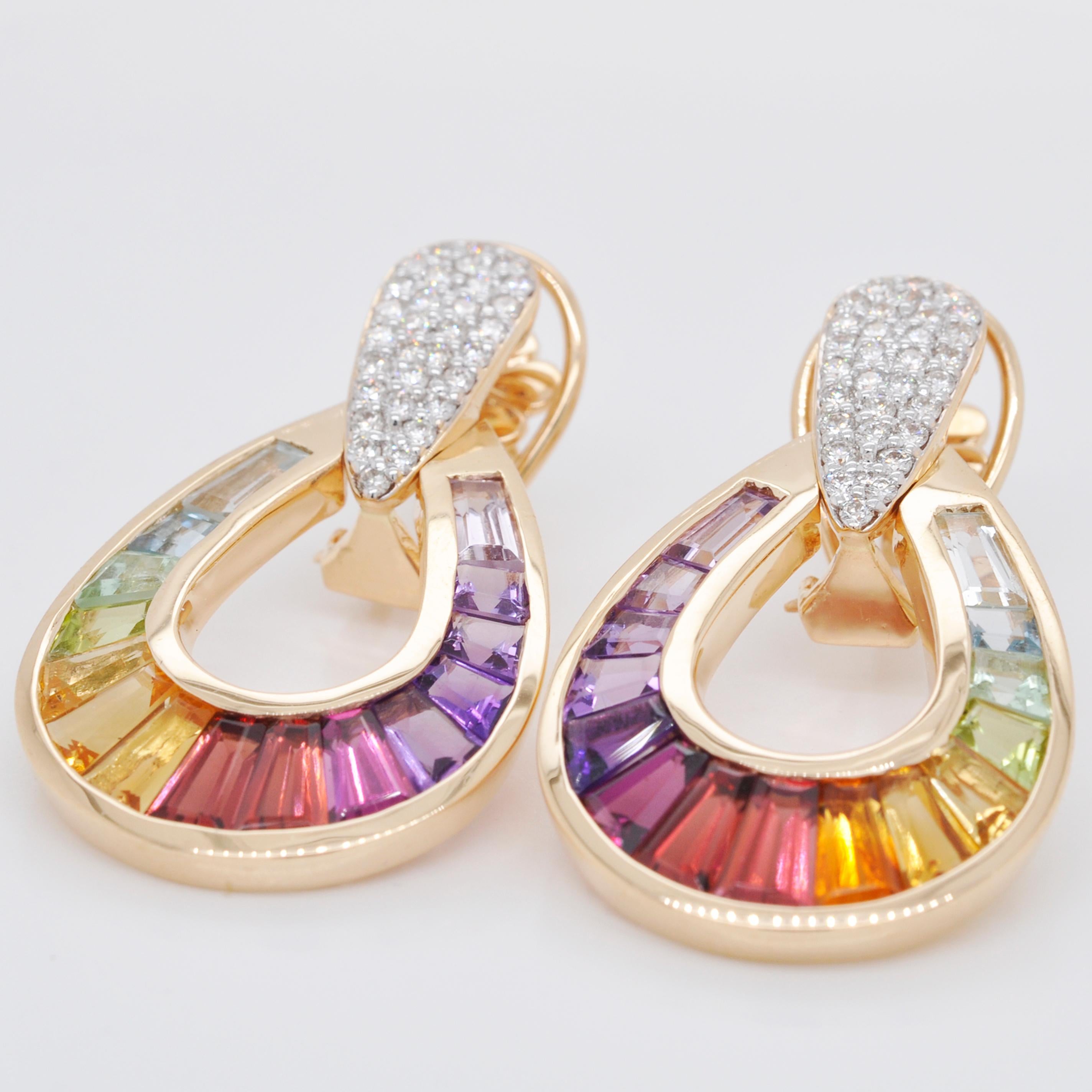 18 Karat Gold Rainbow Multicolor Baguette Diamond Pendant Necklace Earrings Set 7