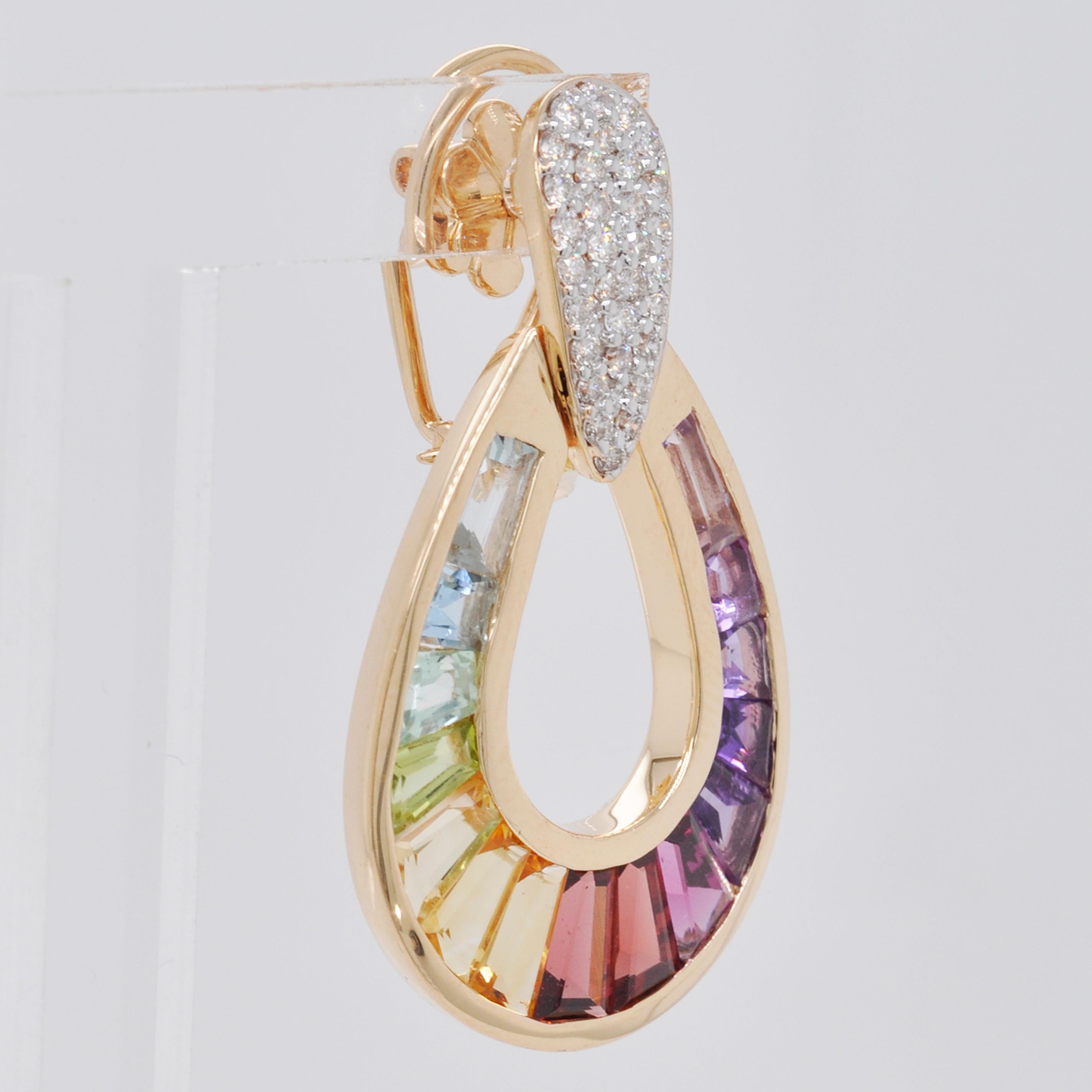 18 Karat Gold Rainbow Multicolor Baguette Diamond Pendant Necklace Earrings Set 8