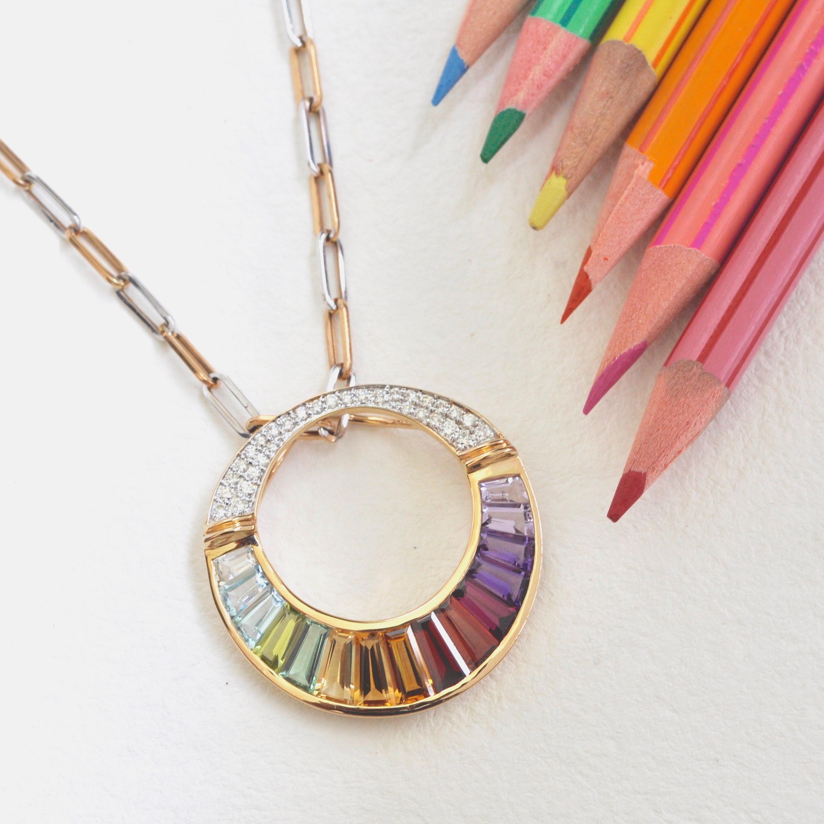 Contemporary 18 Karat Gold Rainbow Multicolor Baguette Diamond Pendant Necklace Earrings Set