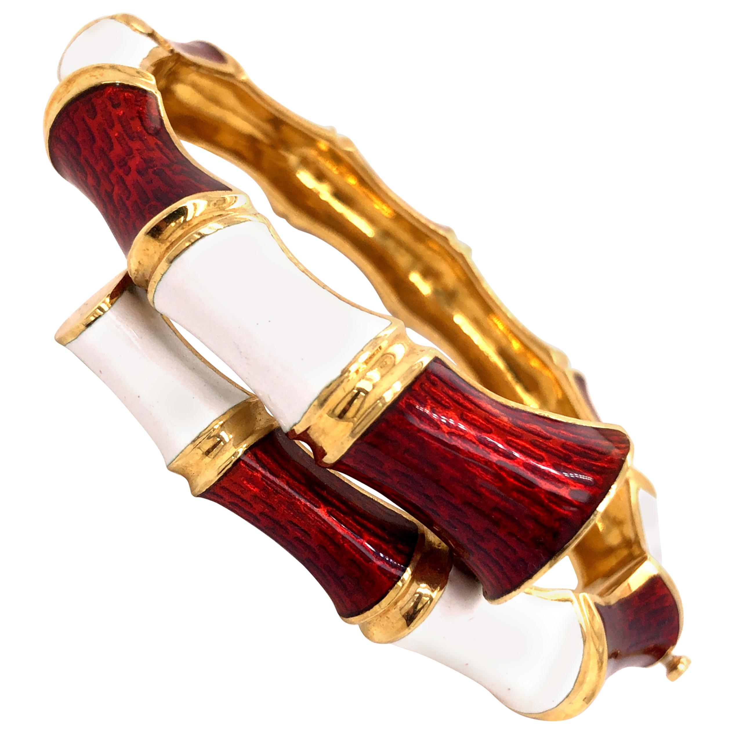 18 Karat Gold Red and White Enamel Bamboo Bracelet For Sale