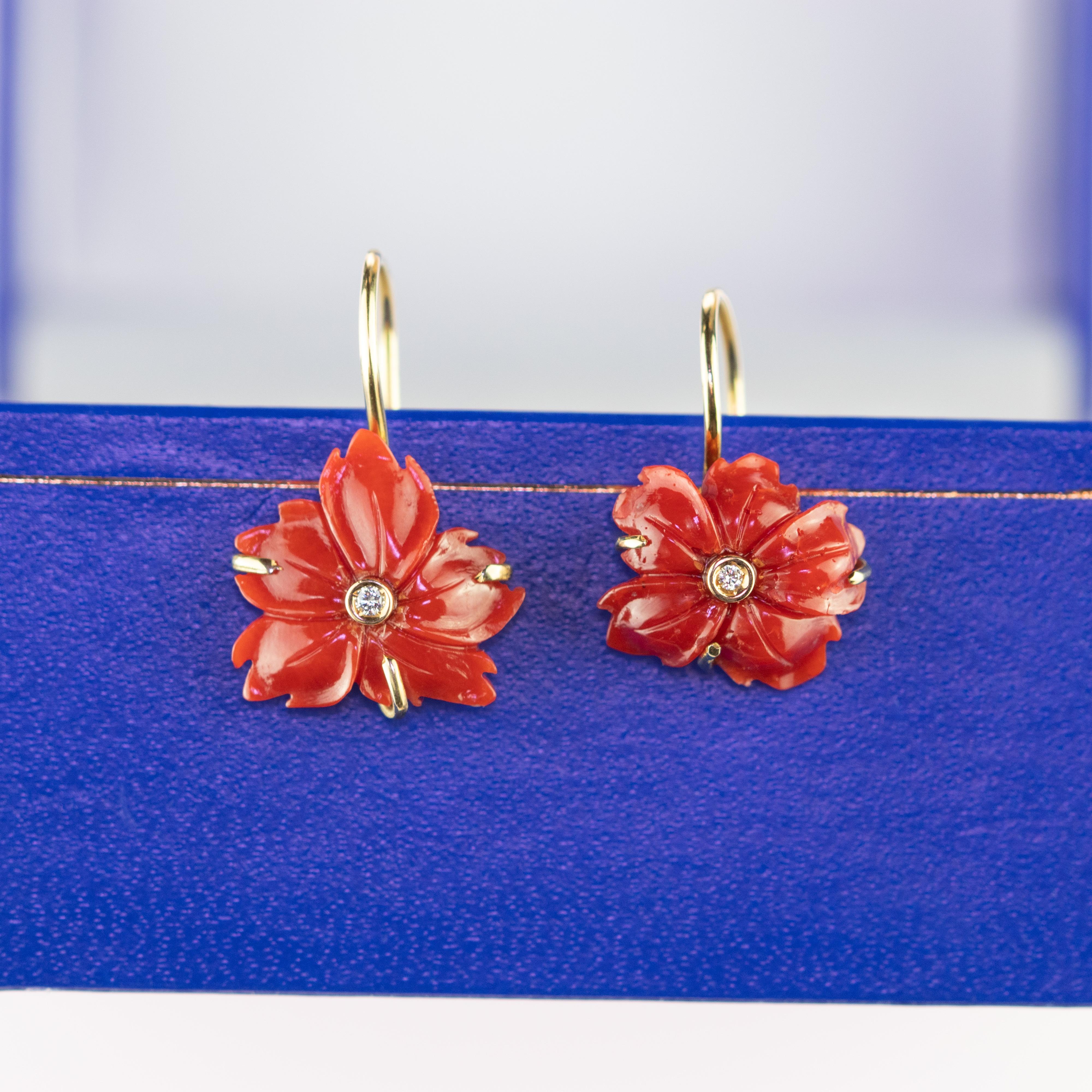 18 Karat Gold Red Coral Diamond Carved Flower Dangle Drop Crafted Earrings 3