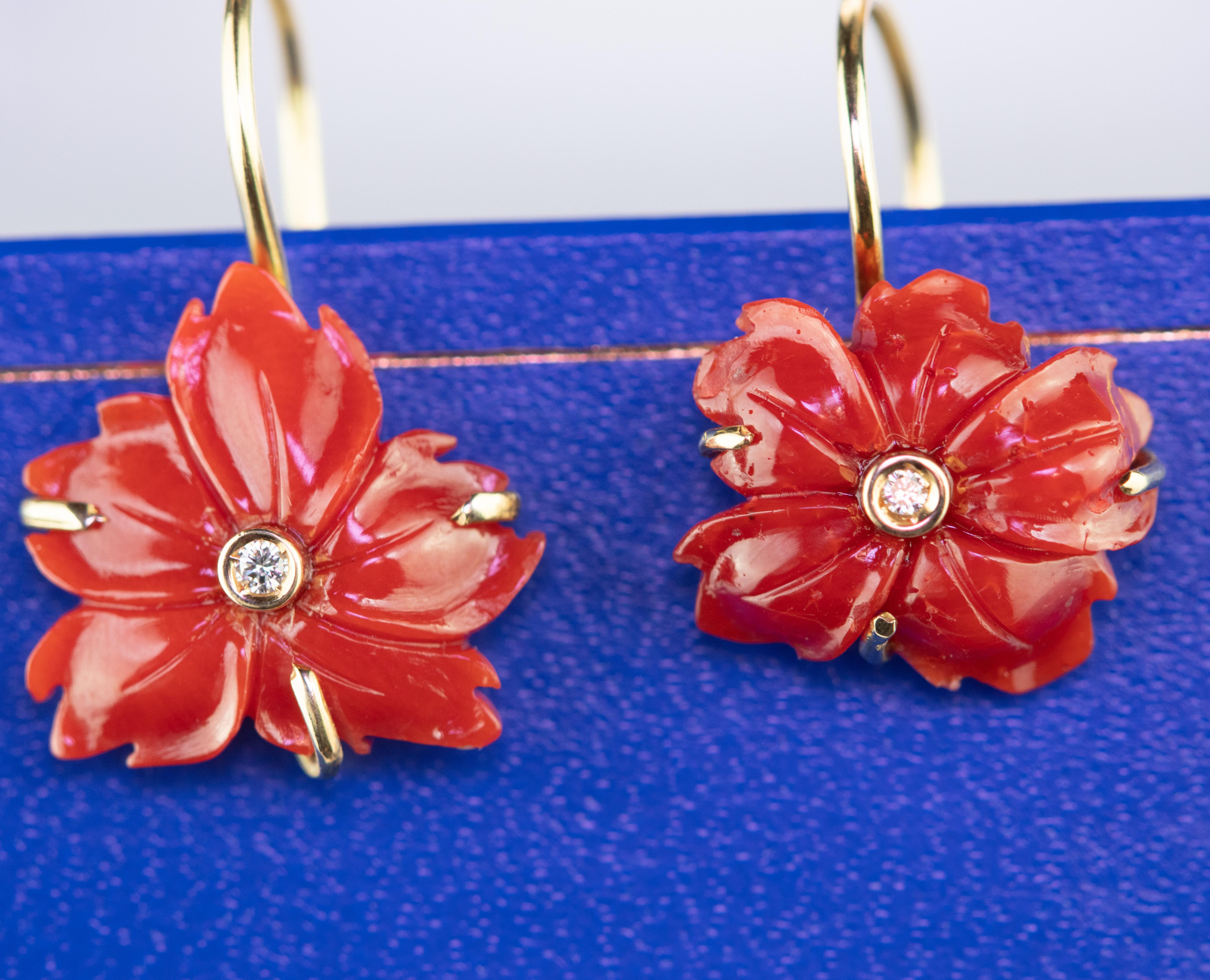 18 Karat Gold Red Coral Diamond Carved Flower Dangle Drop Crafted Earrings 4