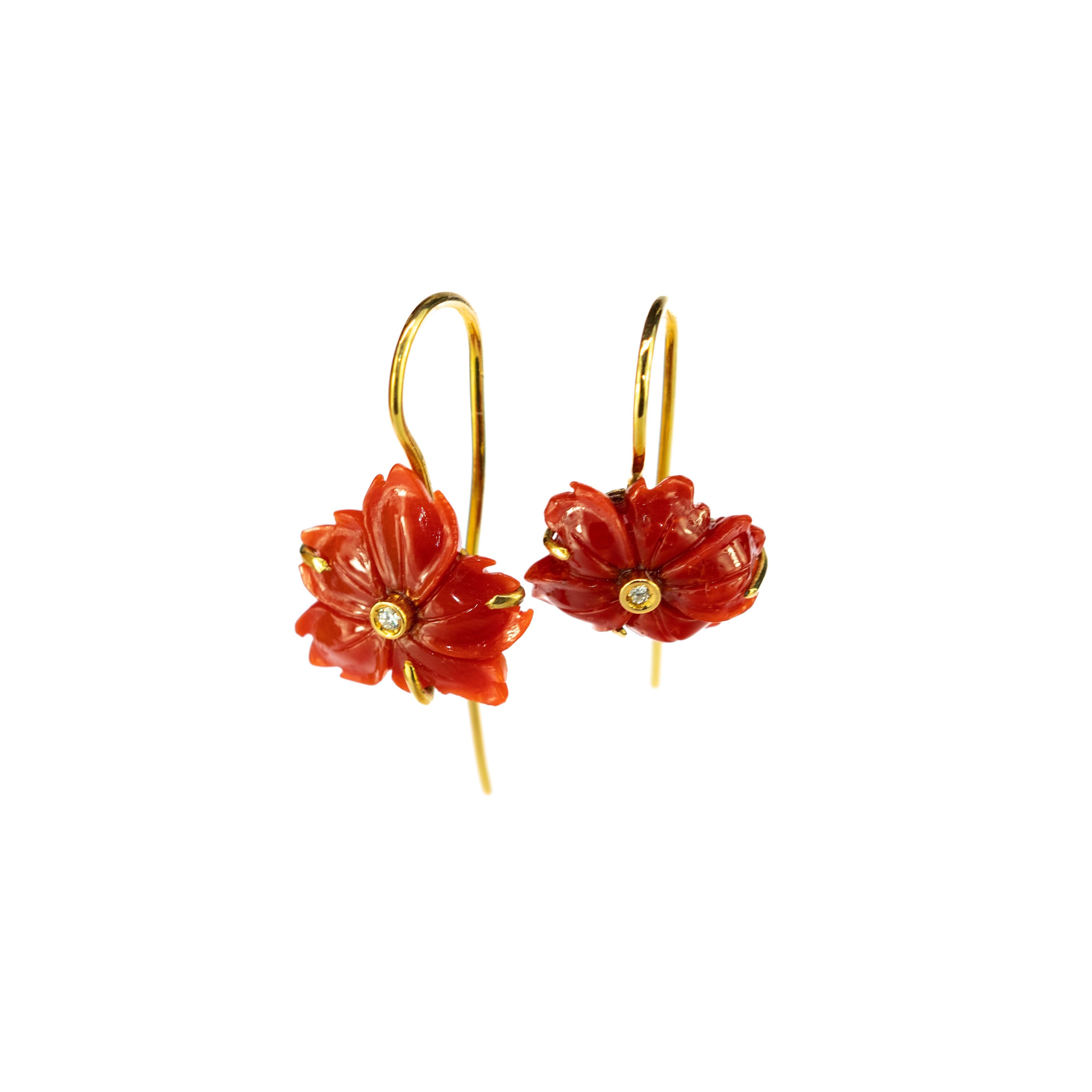 Mixed Cut 18 Karat Gold Red Coral Diamond Carved Flower Dangle Drop Crafted Earrings