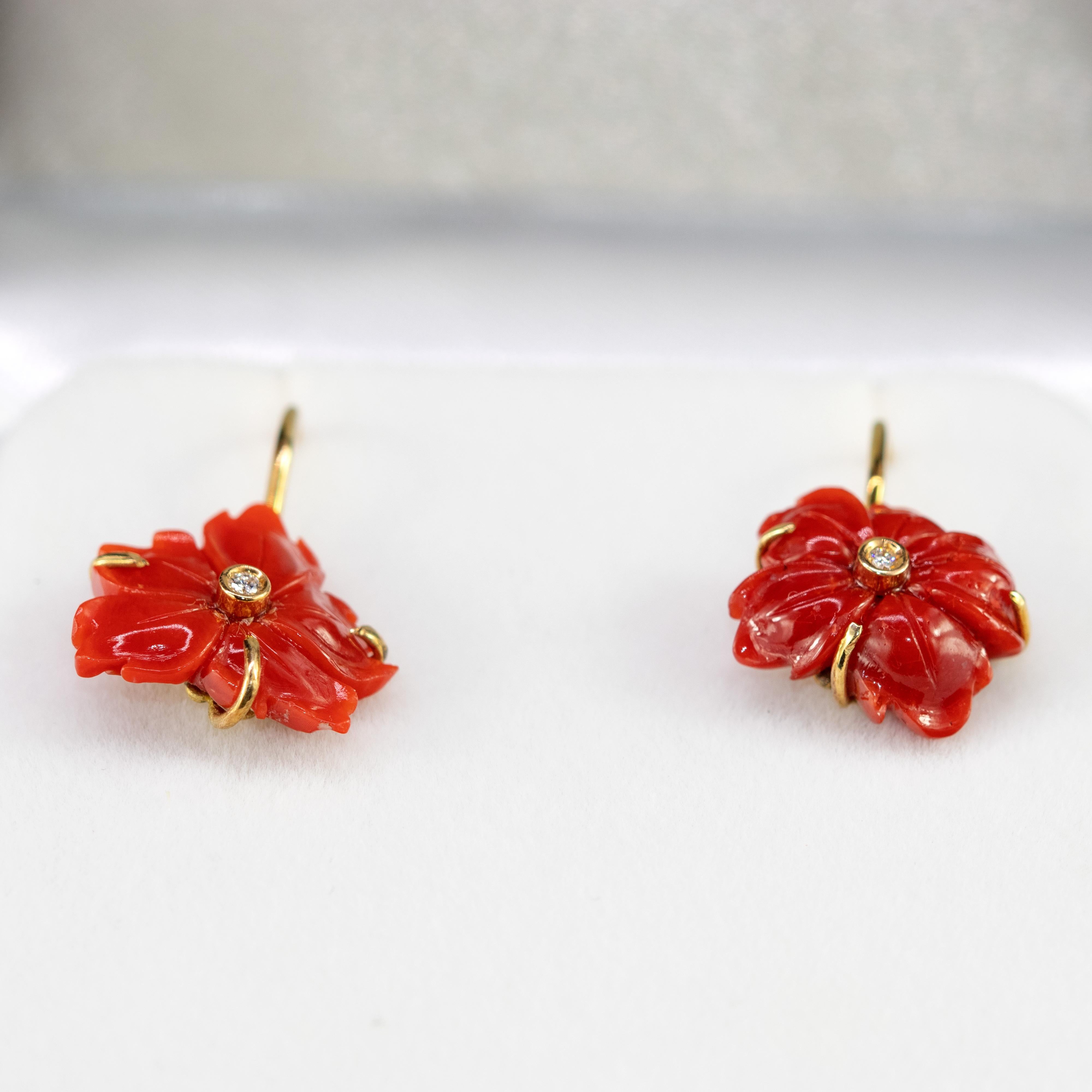 Women's 18 Karat Gold Red Coral Diamond Carved Flower Dangle Drop Crafted Earrings