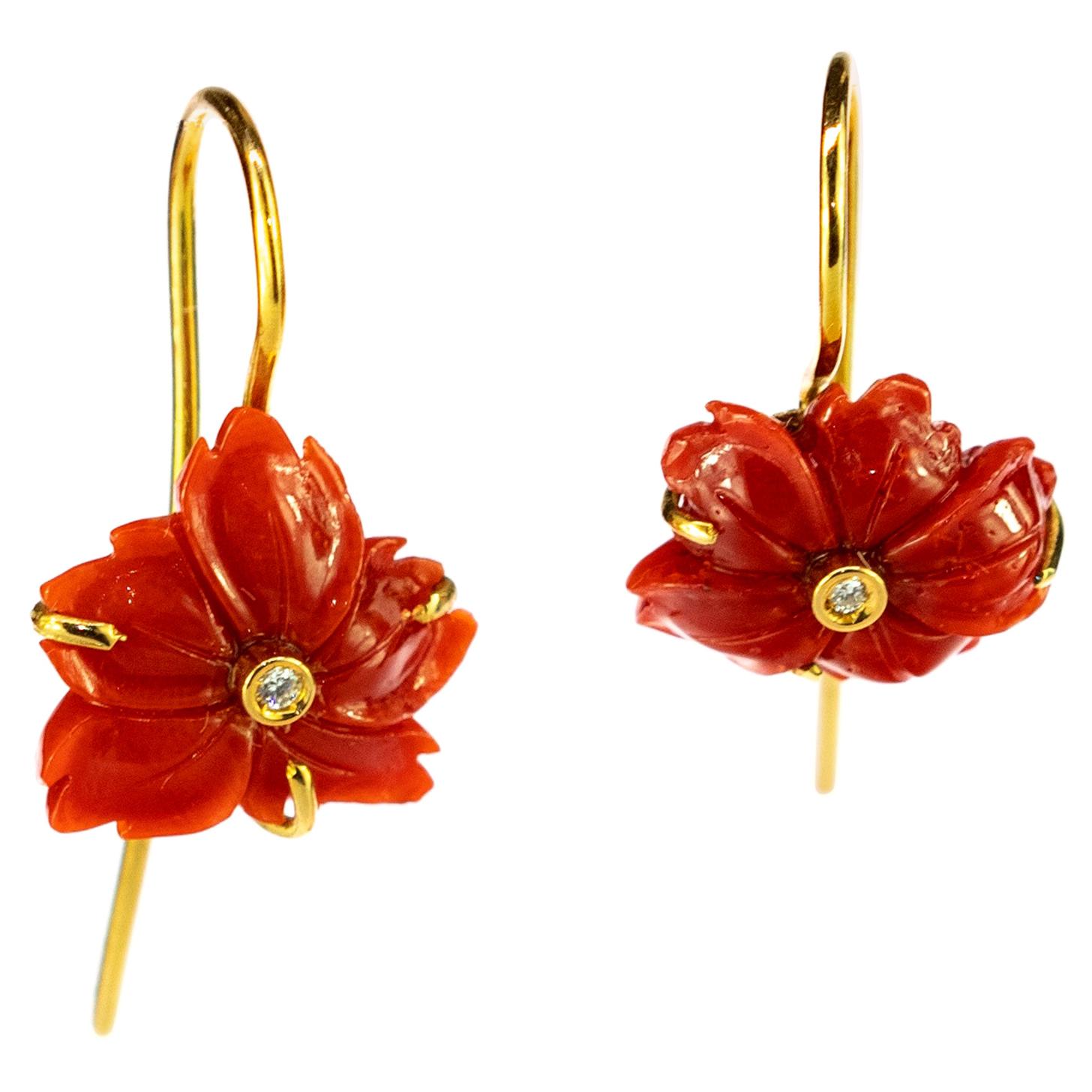 18 Karat Gold Red Coral Diamond Carved Flower Dangle Drop Crafted Earrings