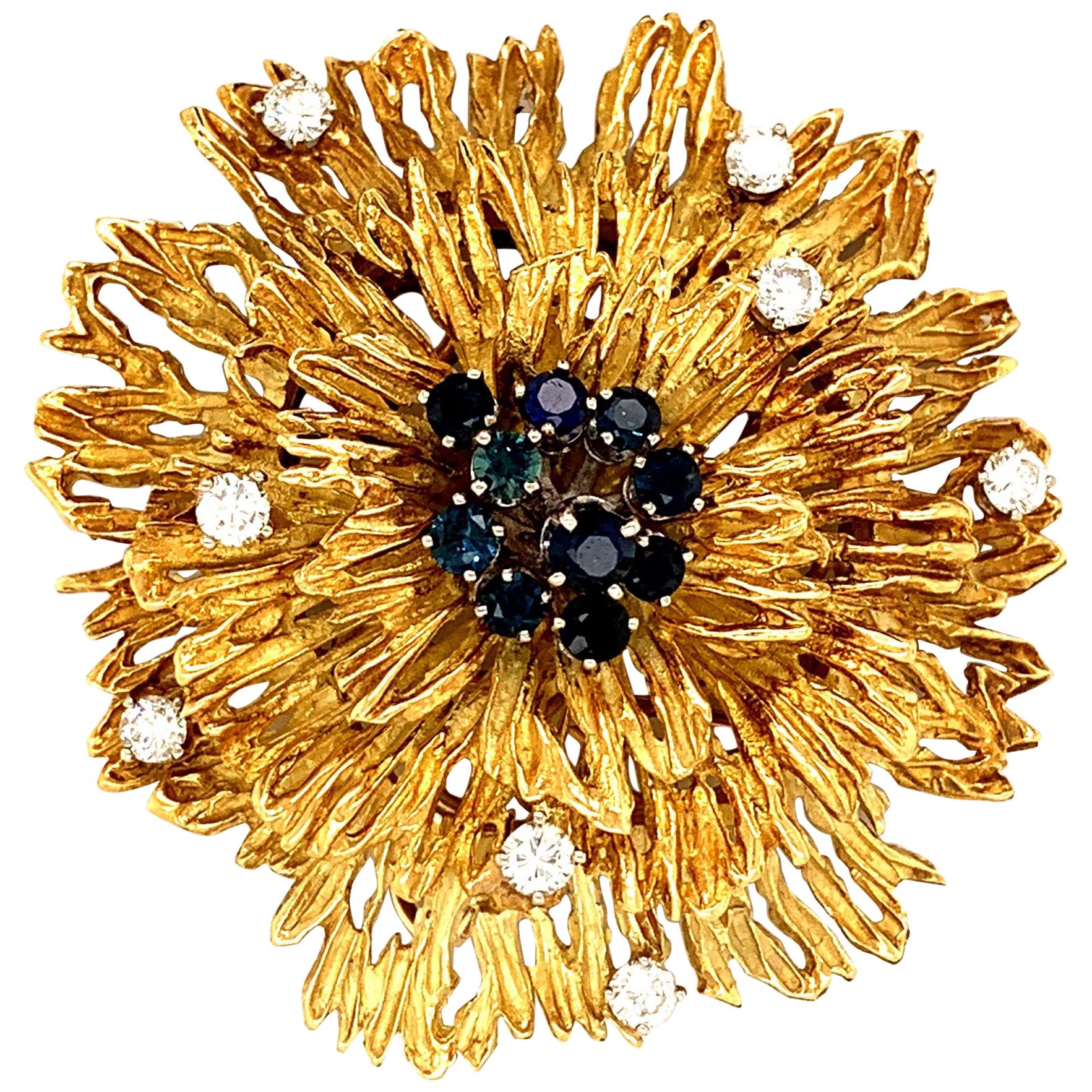 18 Karat Gold Retro Diamond and Sapphire Brooch Pin/Pendant