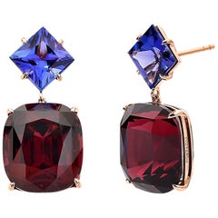 18 Karat Gold Rhodolite Garnet 41.24 Carat and Tanzanite 5.85 Carat Earrings