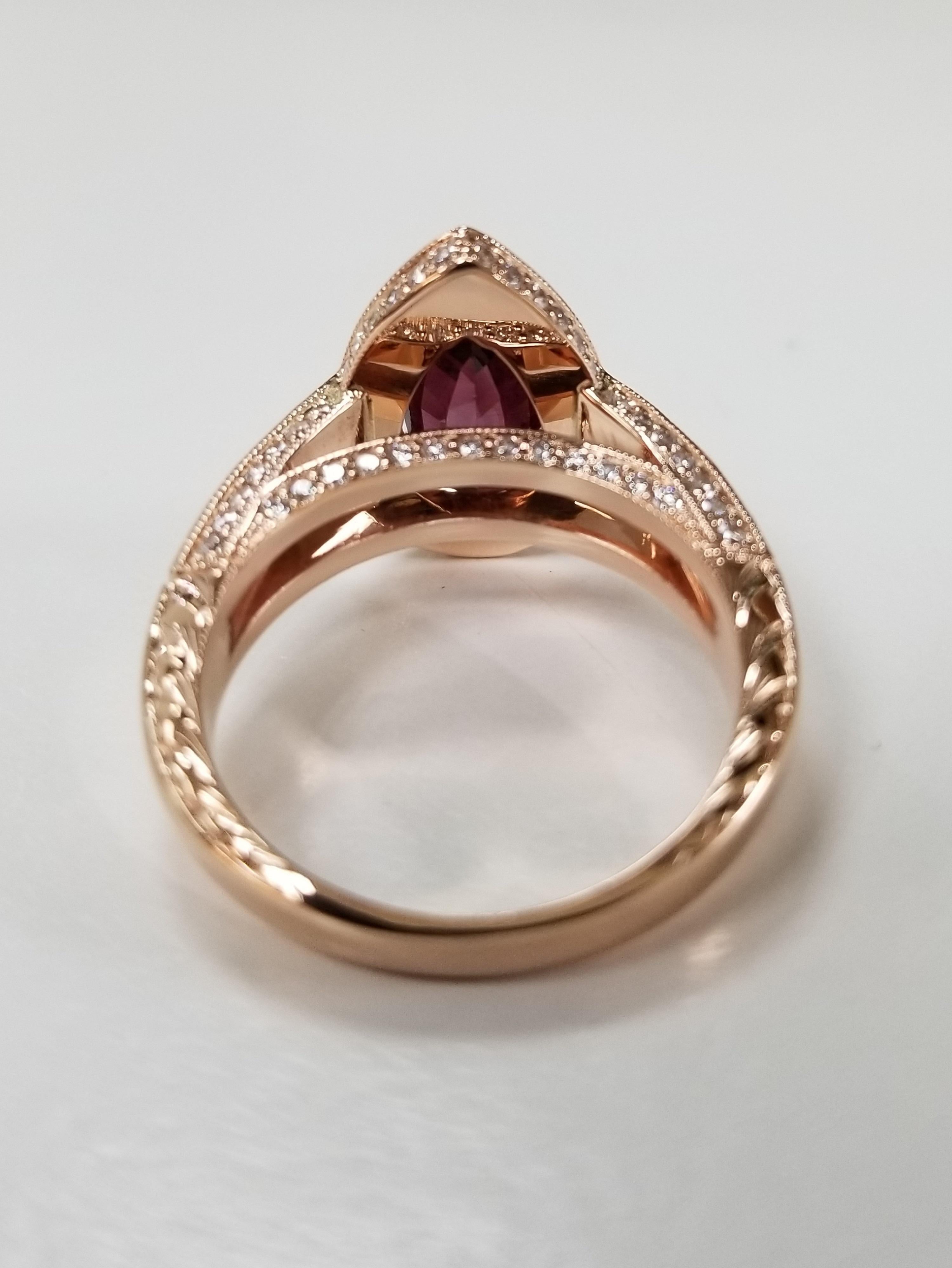 Pear Cut 18 Karat Gold Rhodolite Garnet and Diamond Halo Beaded Ring with Hand Engraving For Sale