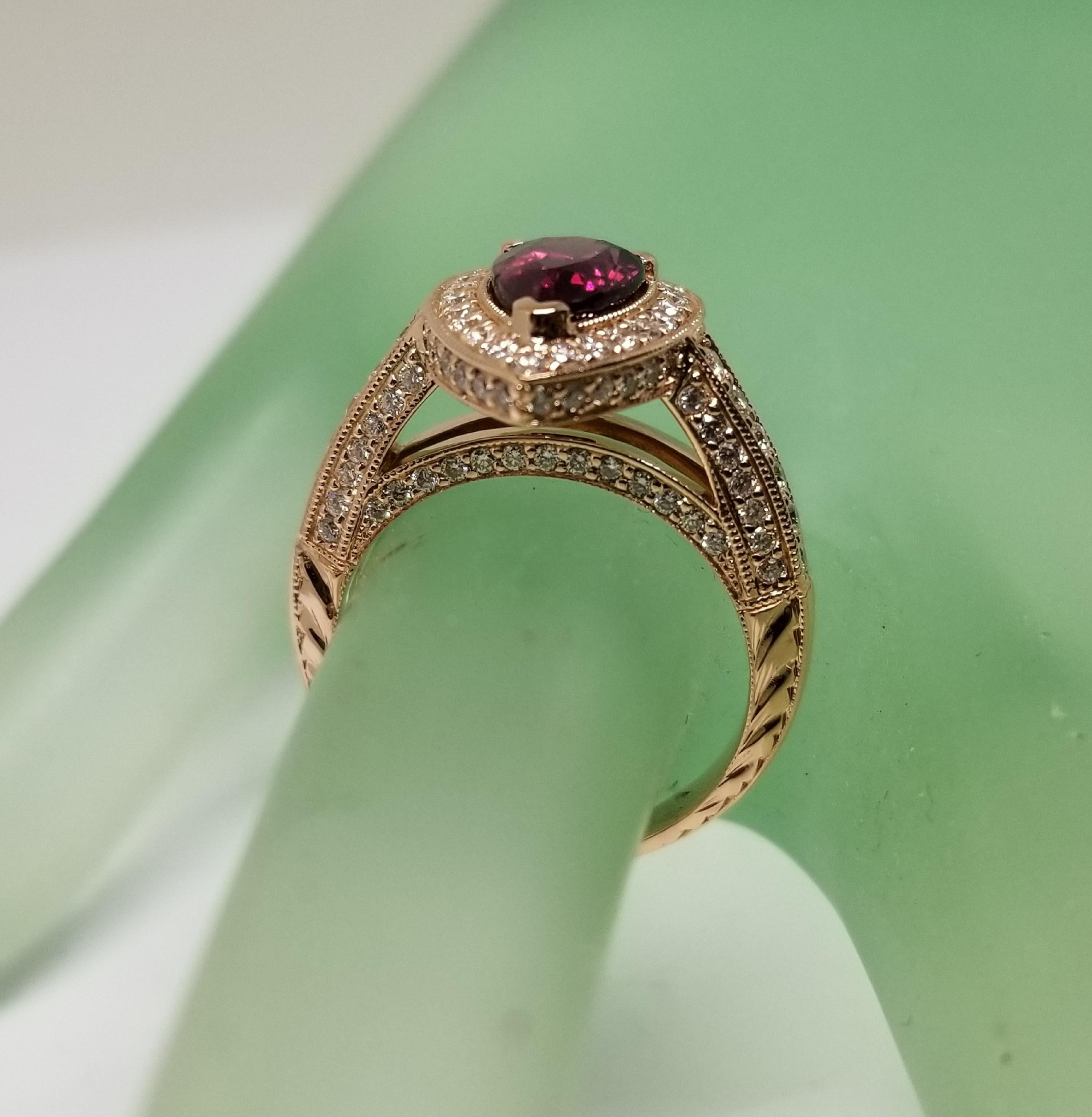 18 Karat Gold Rhodolite Garnet and Diamond Halo Beaded Ring with Hand Engraving For Sale 1