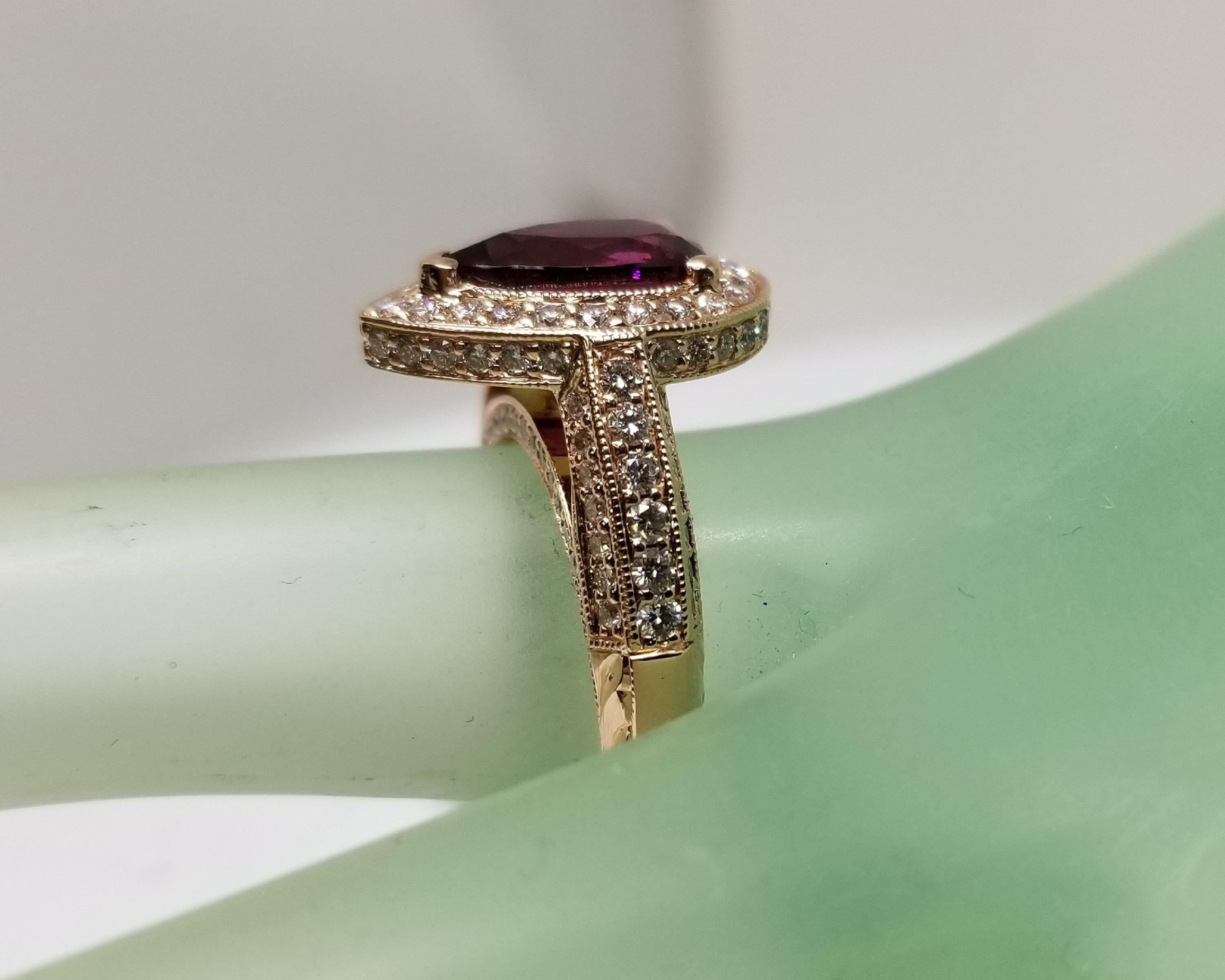 18 Karat Gold Rhodolite Garnet and Diamond Halo Beaded Ring with Hand Engraving For Sale 2