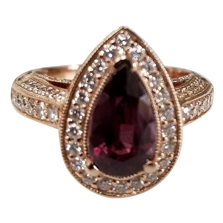18 Karat Gold Rhodolite Garnet and Diamond Halo Beaded Ring with Hand Engraving For Sale