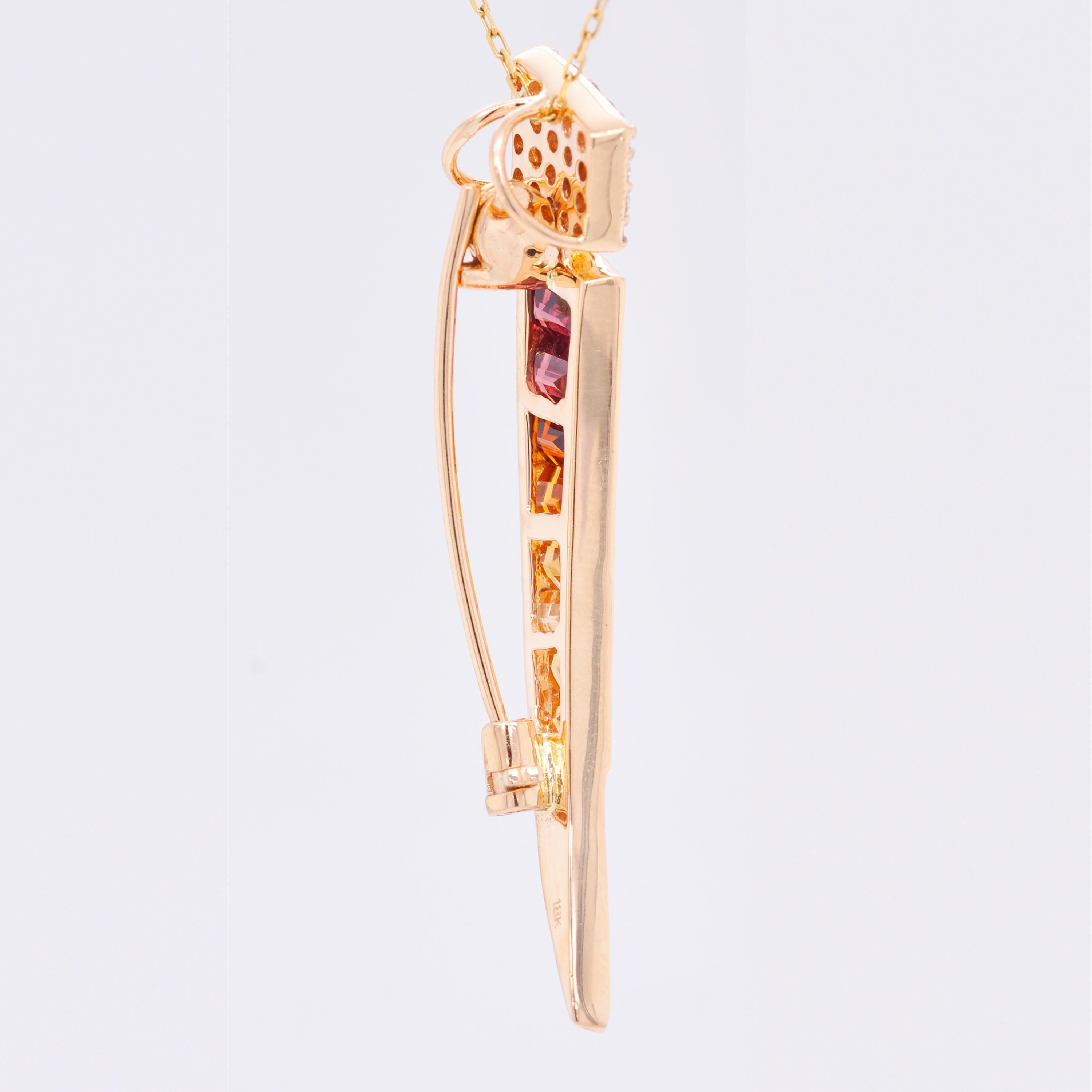 18 Karat Gold Rhodolite Garnet Citrine Tapered Baguette Diamond Pendant Brooch For Sale 6