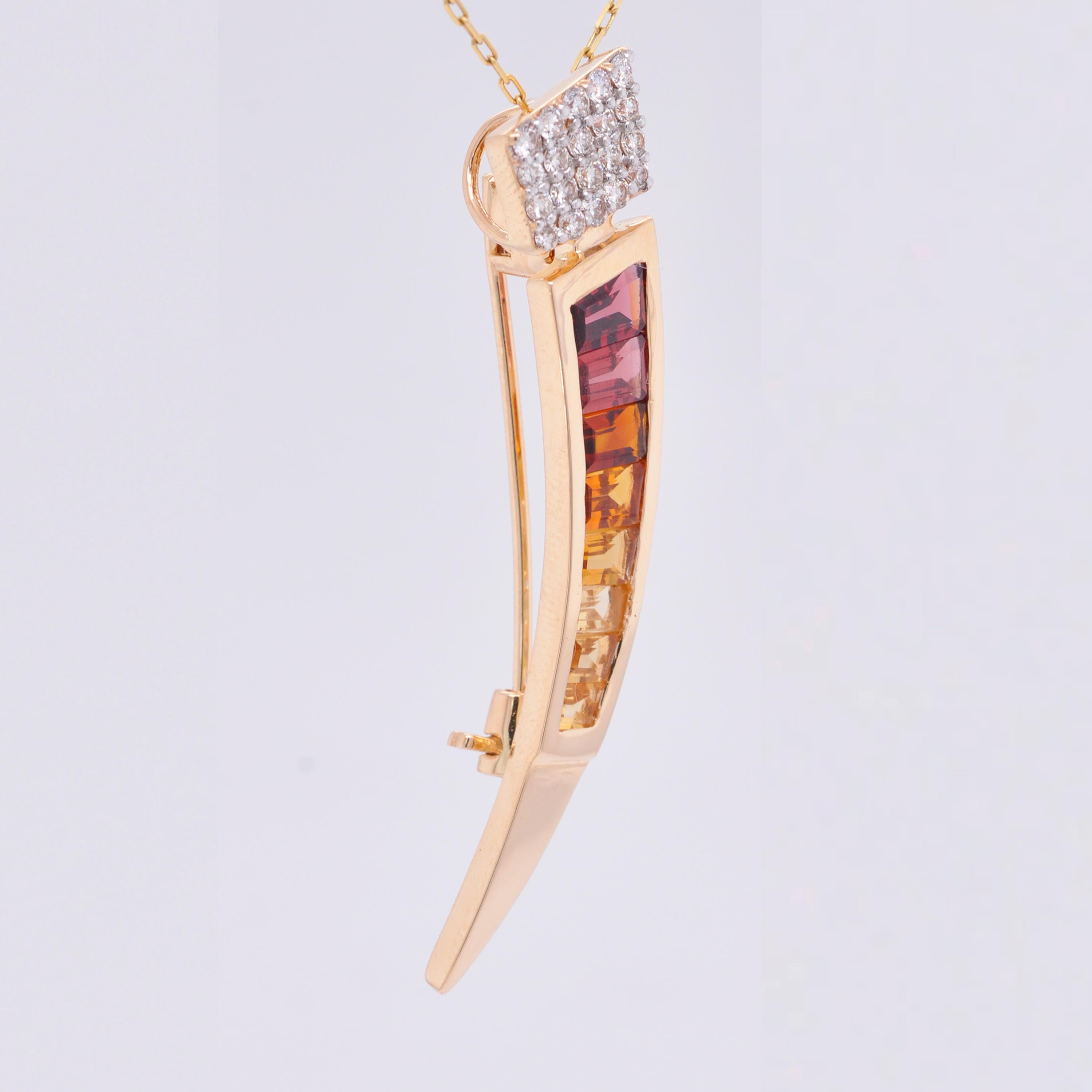 18 Karat Gold Rhodolite Garnet Citrine Tapered Baguette Diamond Pendant Brooch For Sale 7