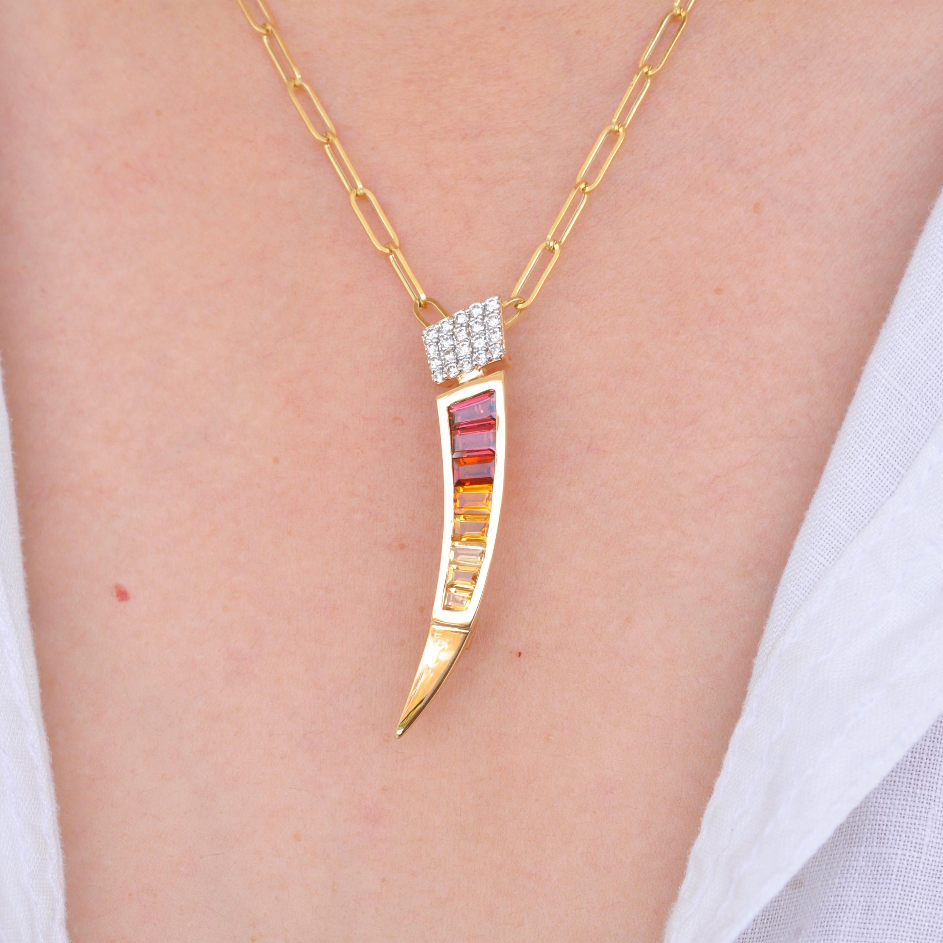 Contemporary 18 Karat Gold Rhodolite Garnet Citrine Tapered Baguette Diamond Pendant Brooch For Sale