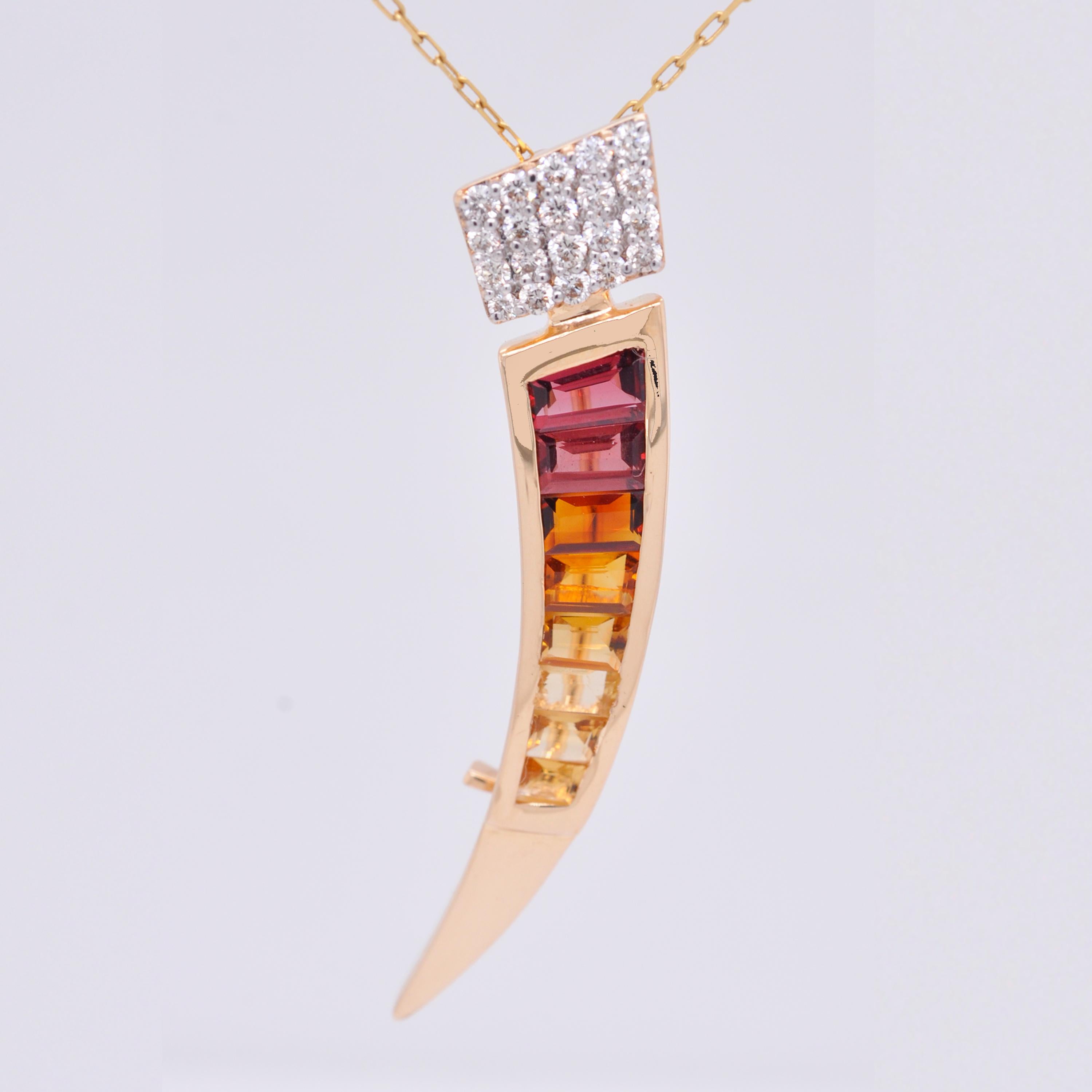 Broche pendentif en or 18 carats avec grenat rhodolite, citrine et diamant baguette effilé Unisexe en vente