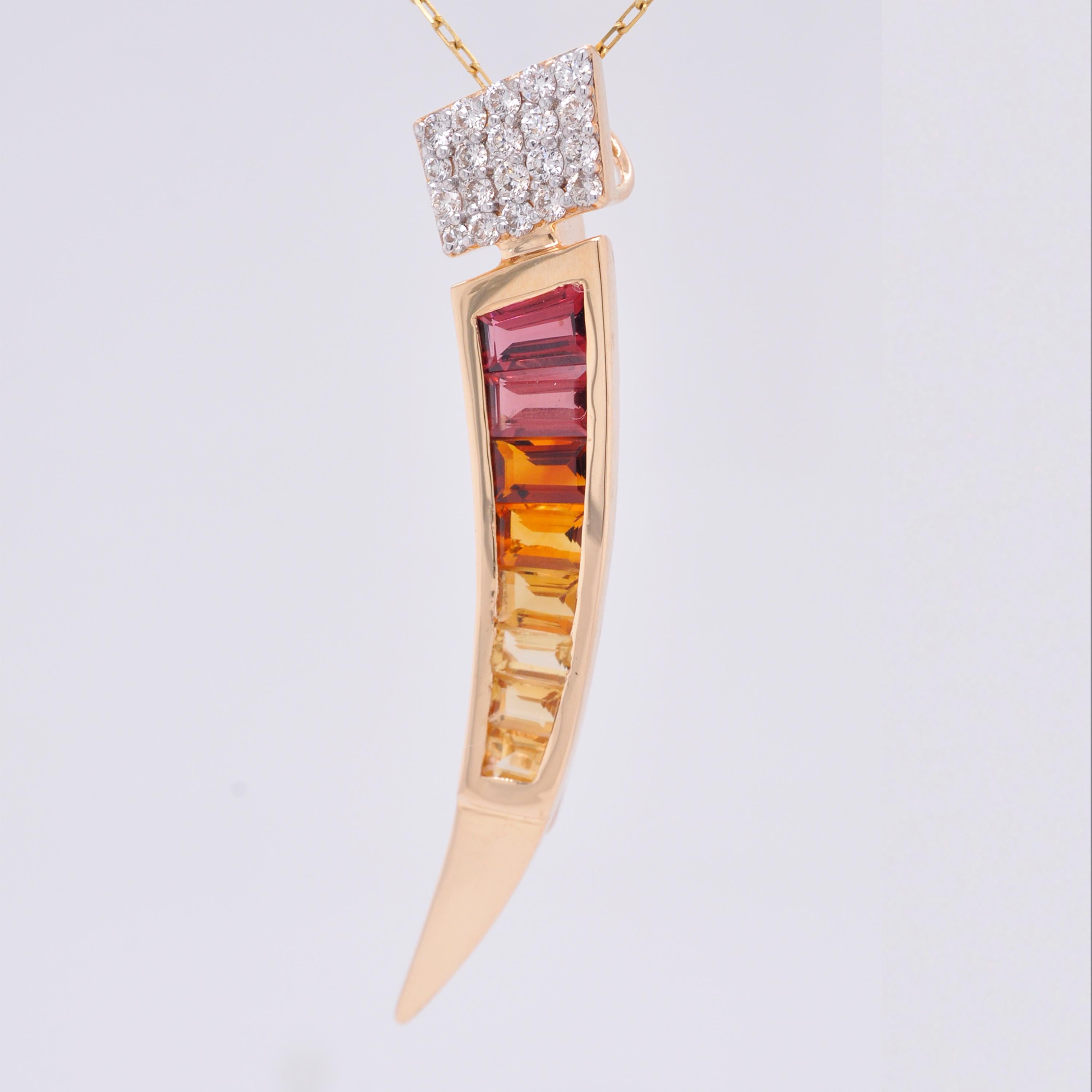 18 Karat Gold Rhodolite Garnet Citrine Tapered Baguette Diamond Pendant Brooch For Sale 2