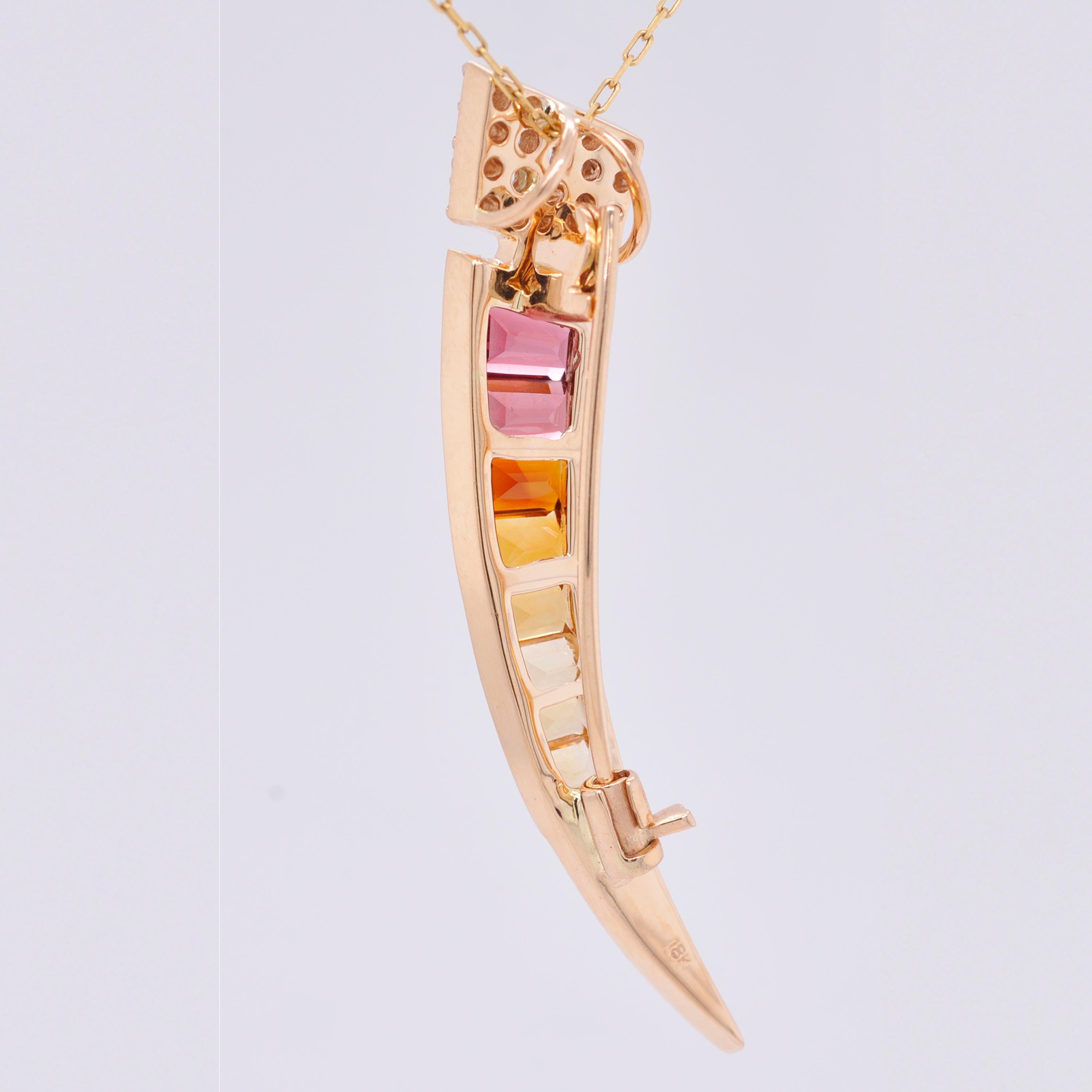 18 Karat Gold Rhodolite Garnet Citrine Tapered Baguette Diamond Pendant Brooch For Sale 4