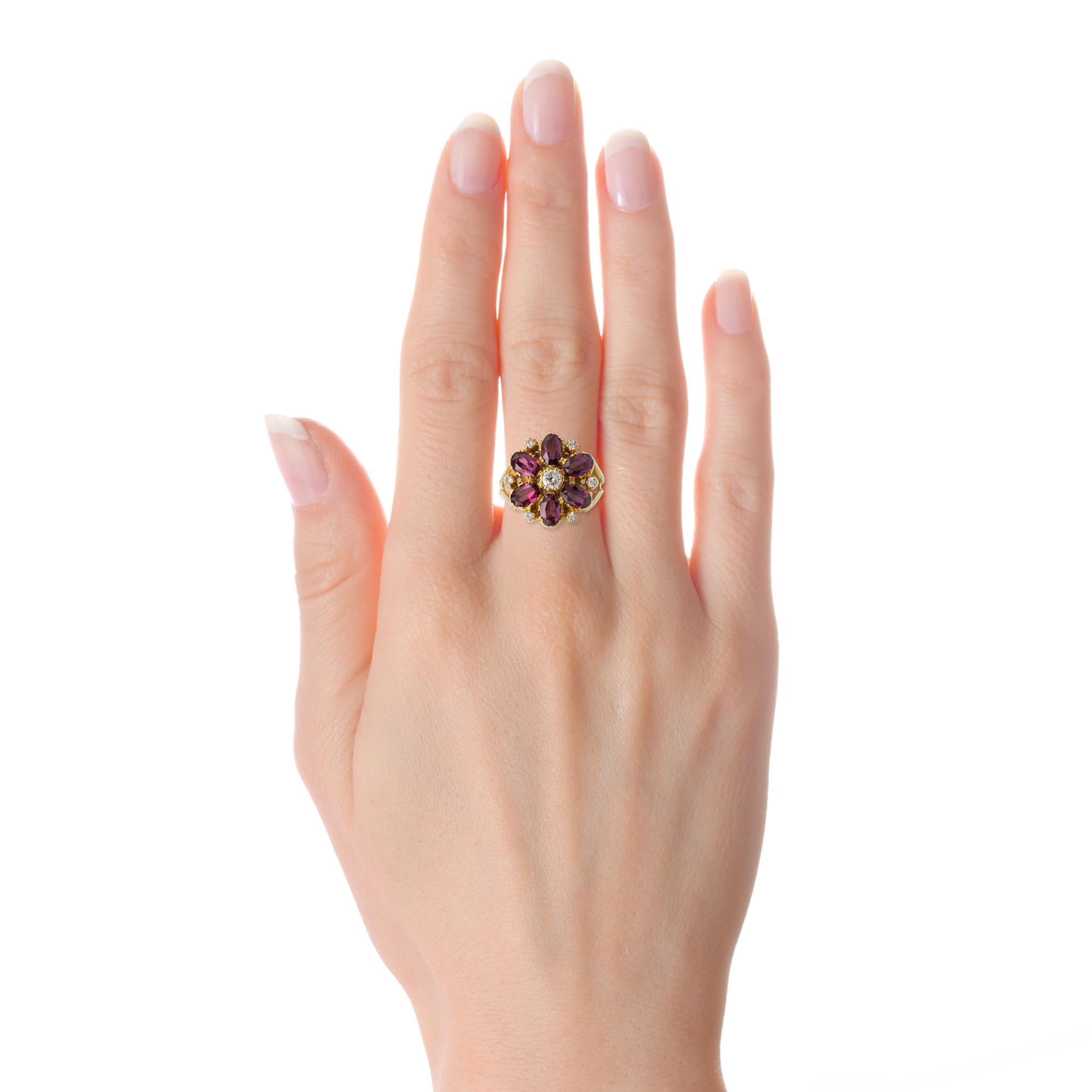 Oval Cut Rhodolite Garnet Diamond Flower Cluster Cocktail Ring 18 karat Gold