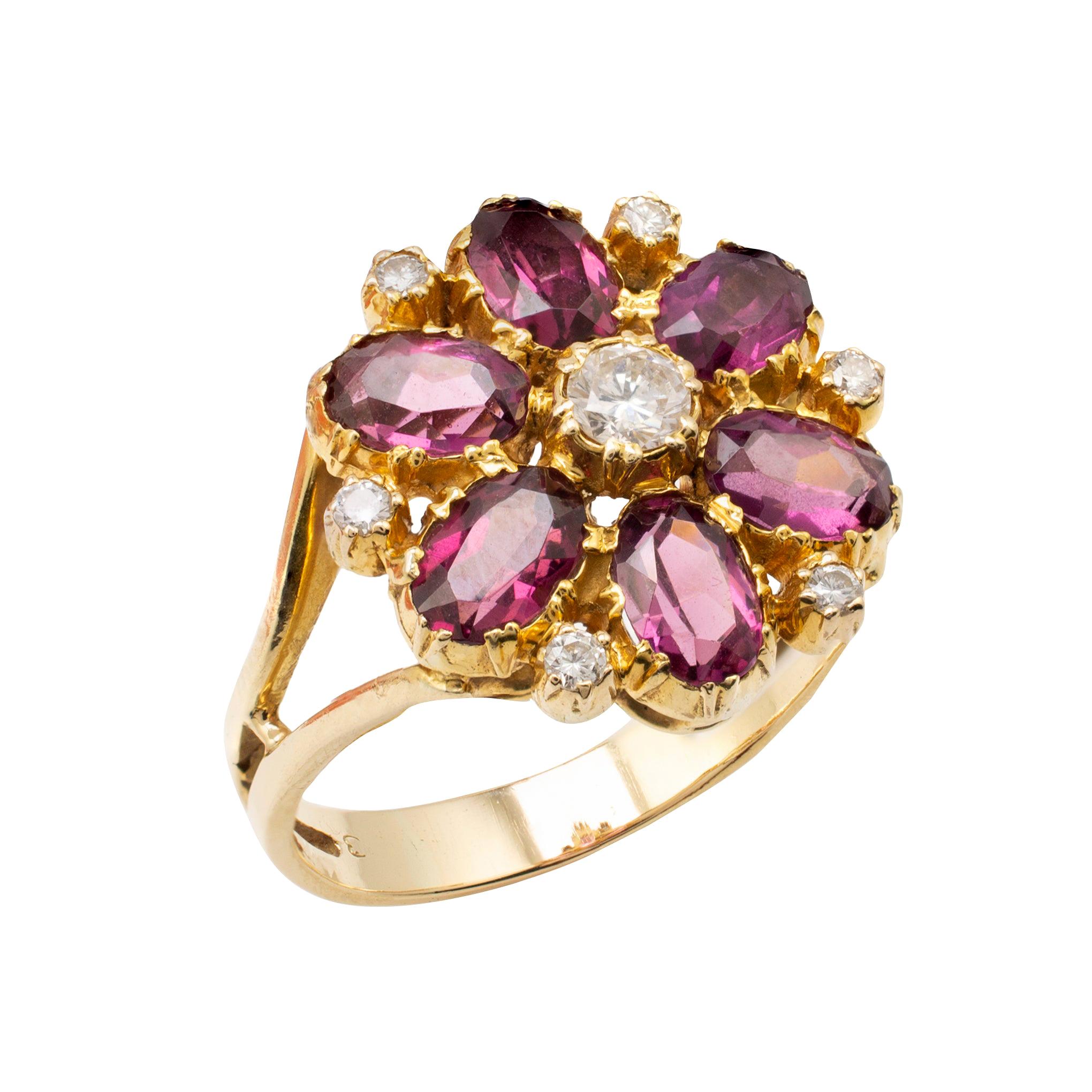 Rhodolite Garnet Diamond Flower Cluster Cocktail Ring 18 karat Gold