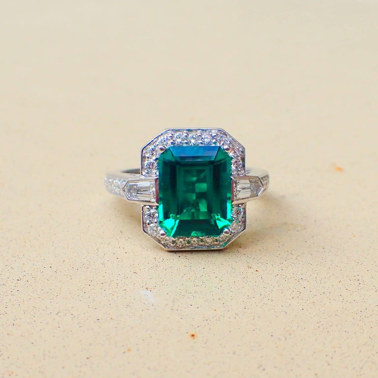 18 Karat Gold Ring 2.83 Carat Chatham-Created Emerald and 0.70 Carat of ...