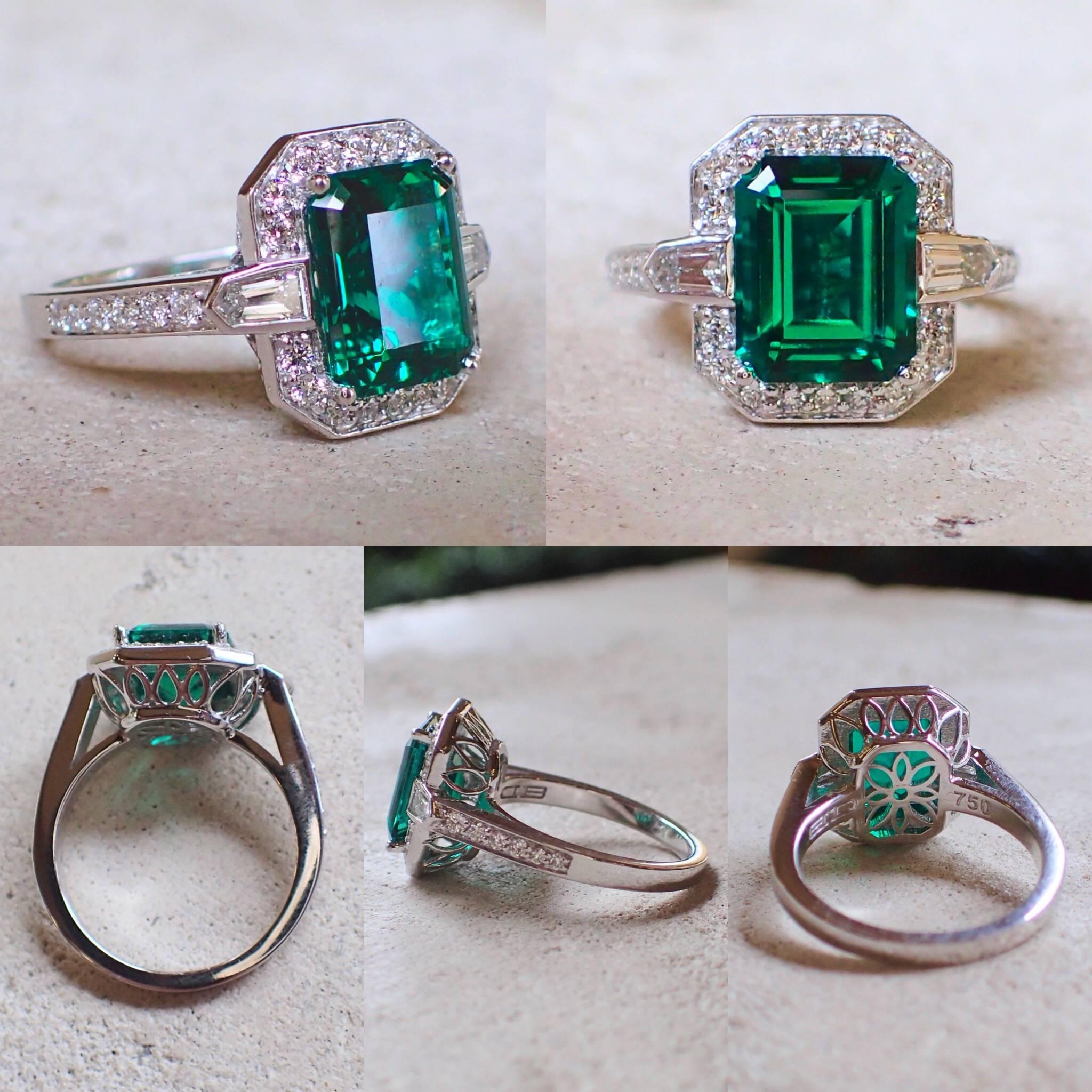 Emerald Cut 18 Karat Gold Ring 2.83 Carat Chatham-Created Emerald and 0.70 Carat of Diamond