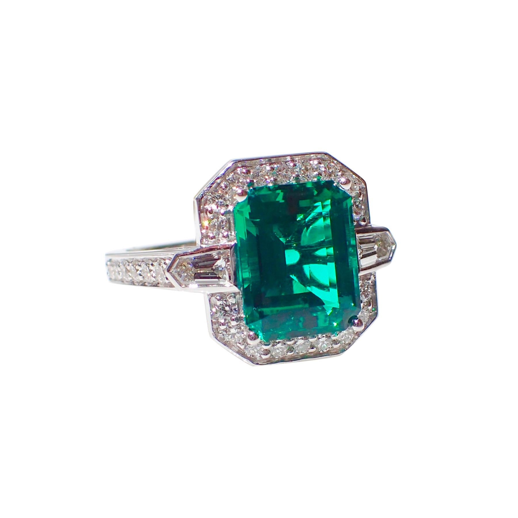 18 Karat Gold Ring 2.83 Carat Chatham-Created Emerald and 0.70 Carat of Diamond