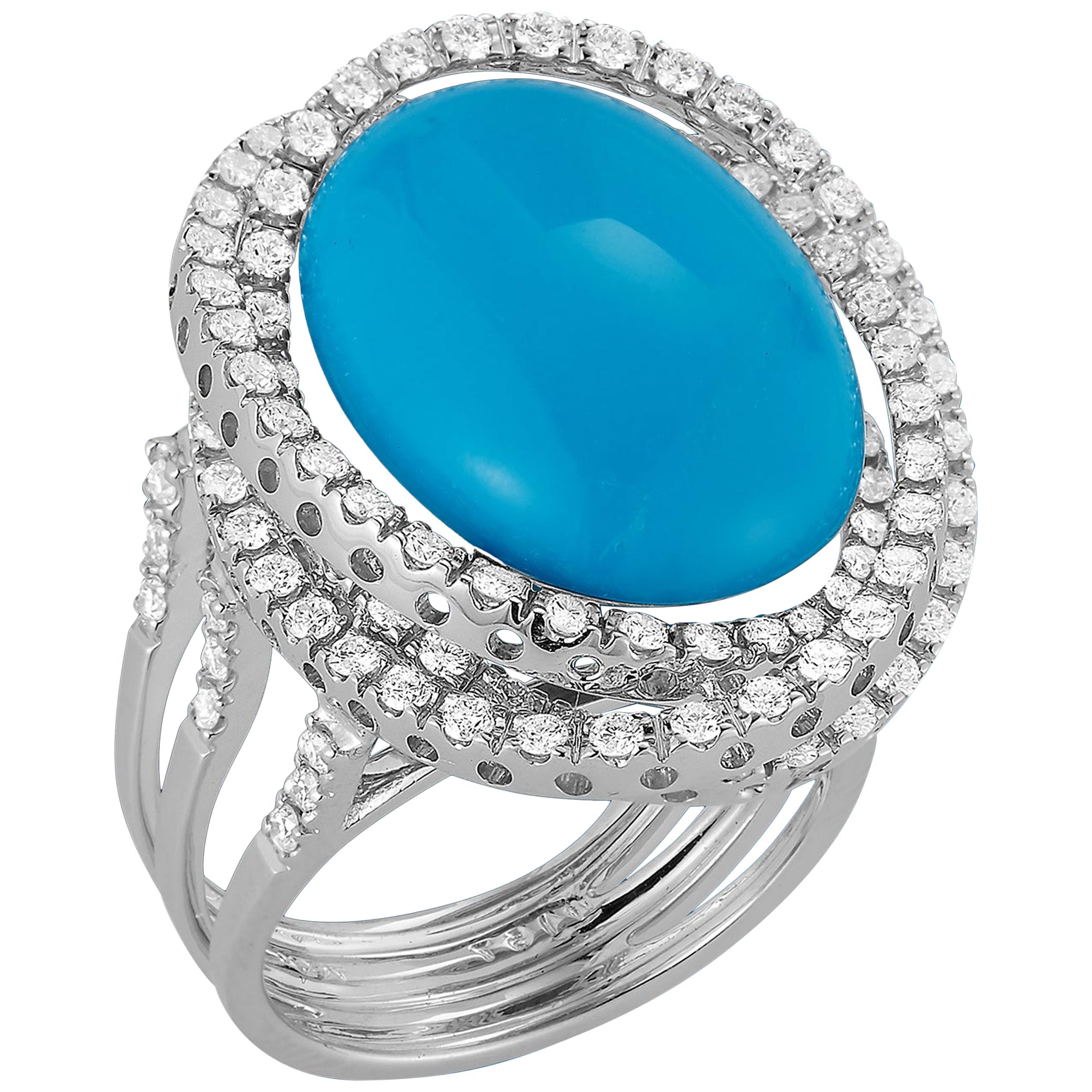 Bague en or 18 carats avec aigue-marine cabochon de 12,54 carats et 117 diamants en vente