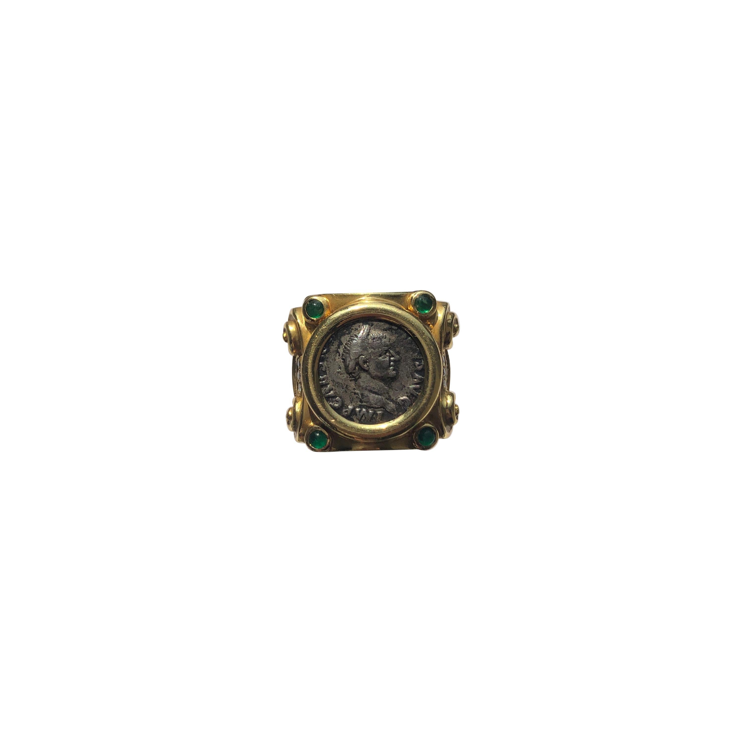 Bague en or 18 carats avec ancienne pièce romaine en argent avec diamants et émeraudes