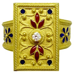 18 Karat Handmade Gold Ring with Central Diamond and Enamel Floral Motifs