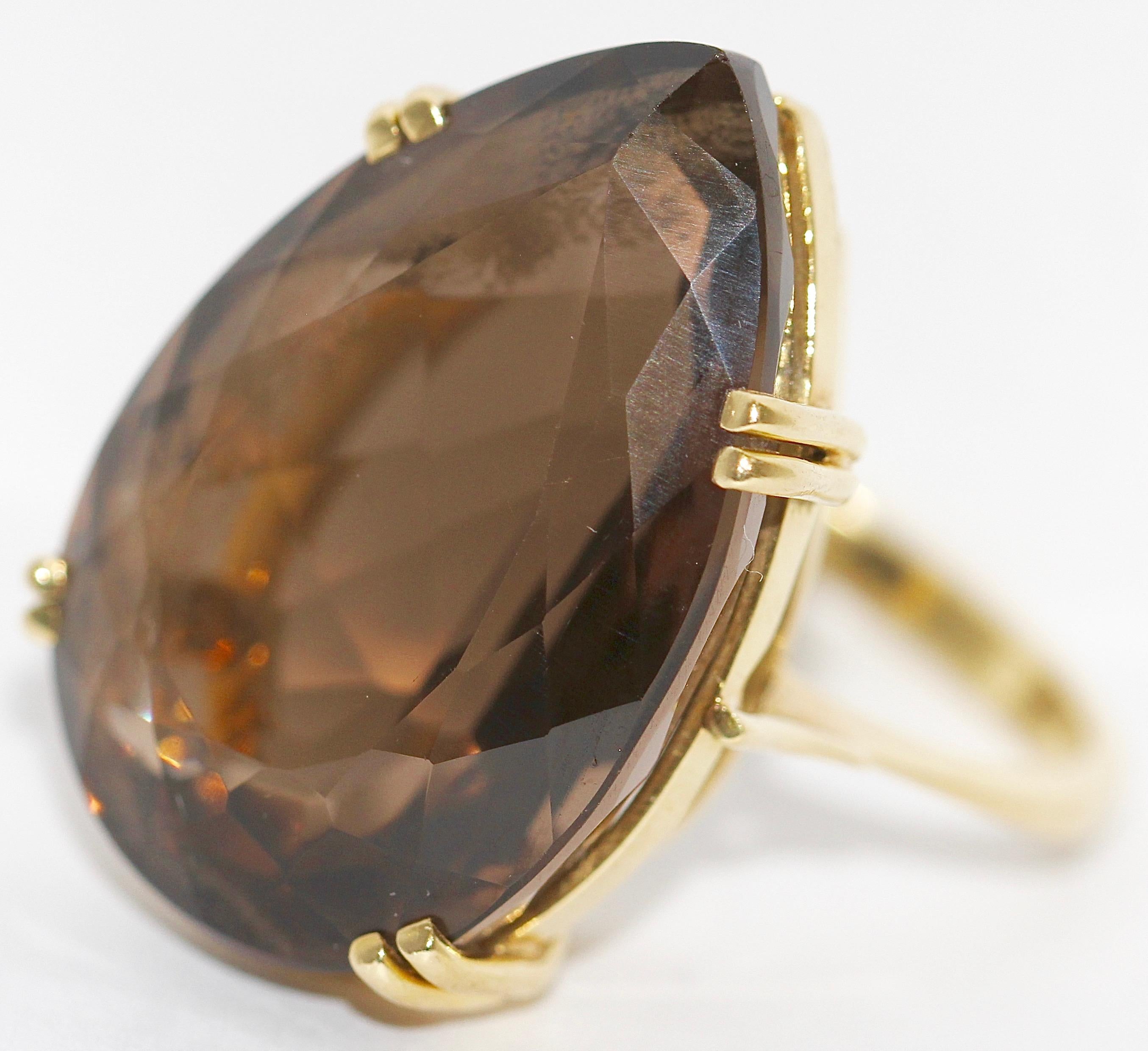 Pear Cut 18 Karat Gold Ring with Large, Faceted Smoky Quartz, Topaz in Heart Shape