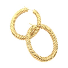 18 Karat Gold Rope Detail Oval Shaped Solid Hoop Earrings