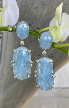 18 Karat Gold Rose Cut Aquamarine and Blue Topaz Drop Dangle Earrings