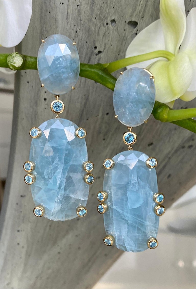 18 Karat Gold Rose Cut Aquamarine and Blue Topaz Drop Dangle Earrings For Sale 1