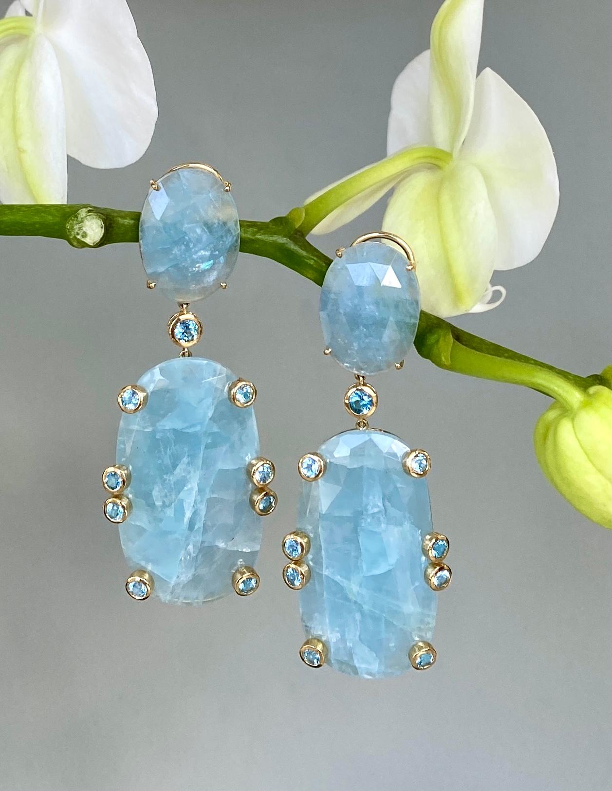 Women's 18 Karat Gold Rose Cut Aquamarine and Blue Topaz Drop Dangle Earrings For Sale